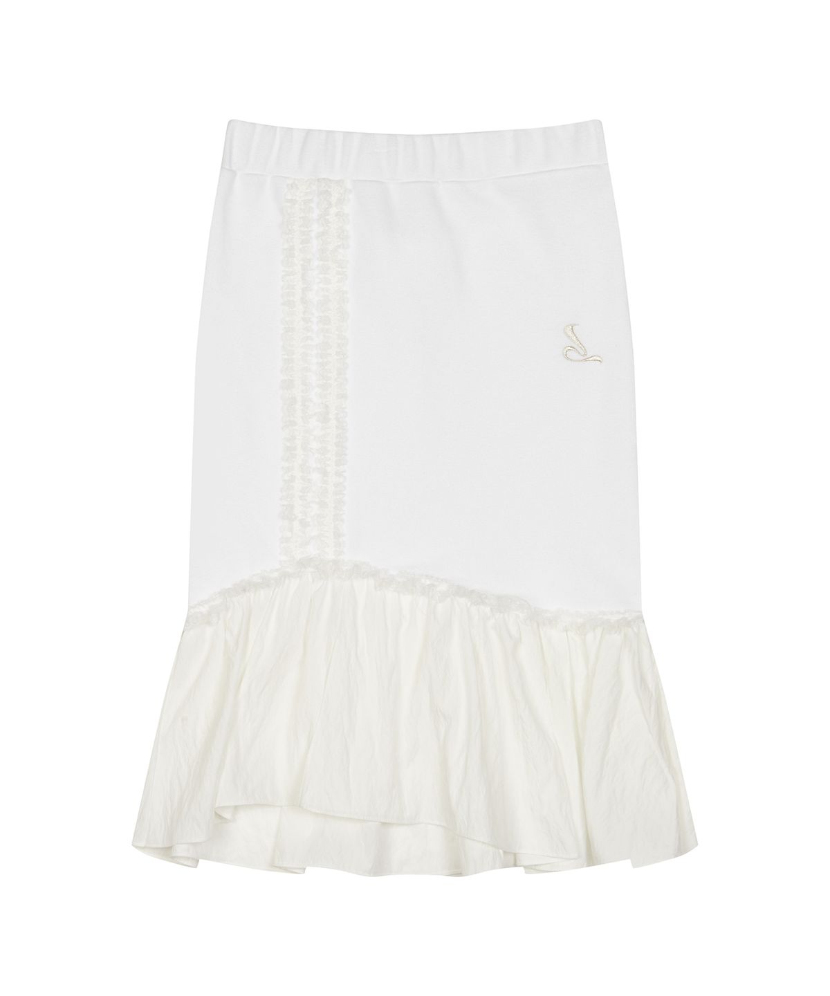 러브이즈트루(LUVISTRUE) CURVED L LACE MIDI SKIRT(WHITE)