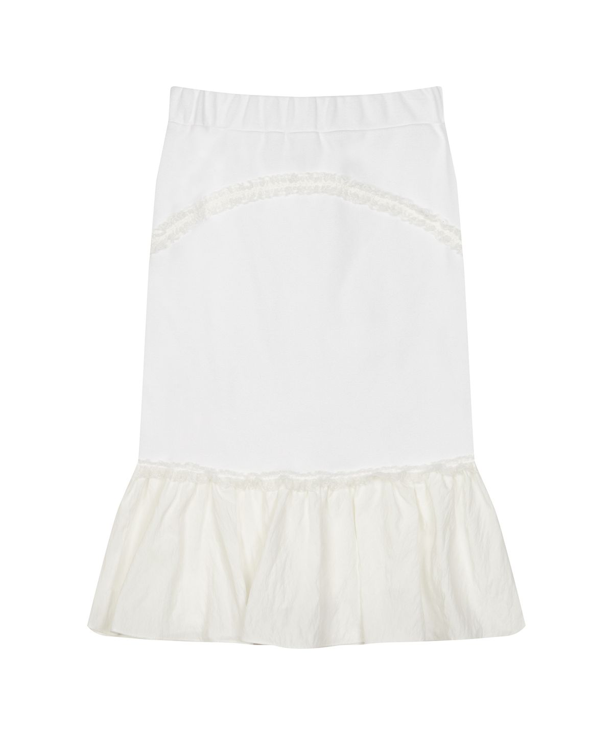 러브이즈트루(LUVISTRUE) CURVED L LACE MIDI SKIRT(WHITE)