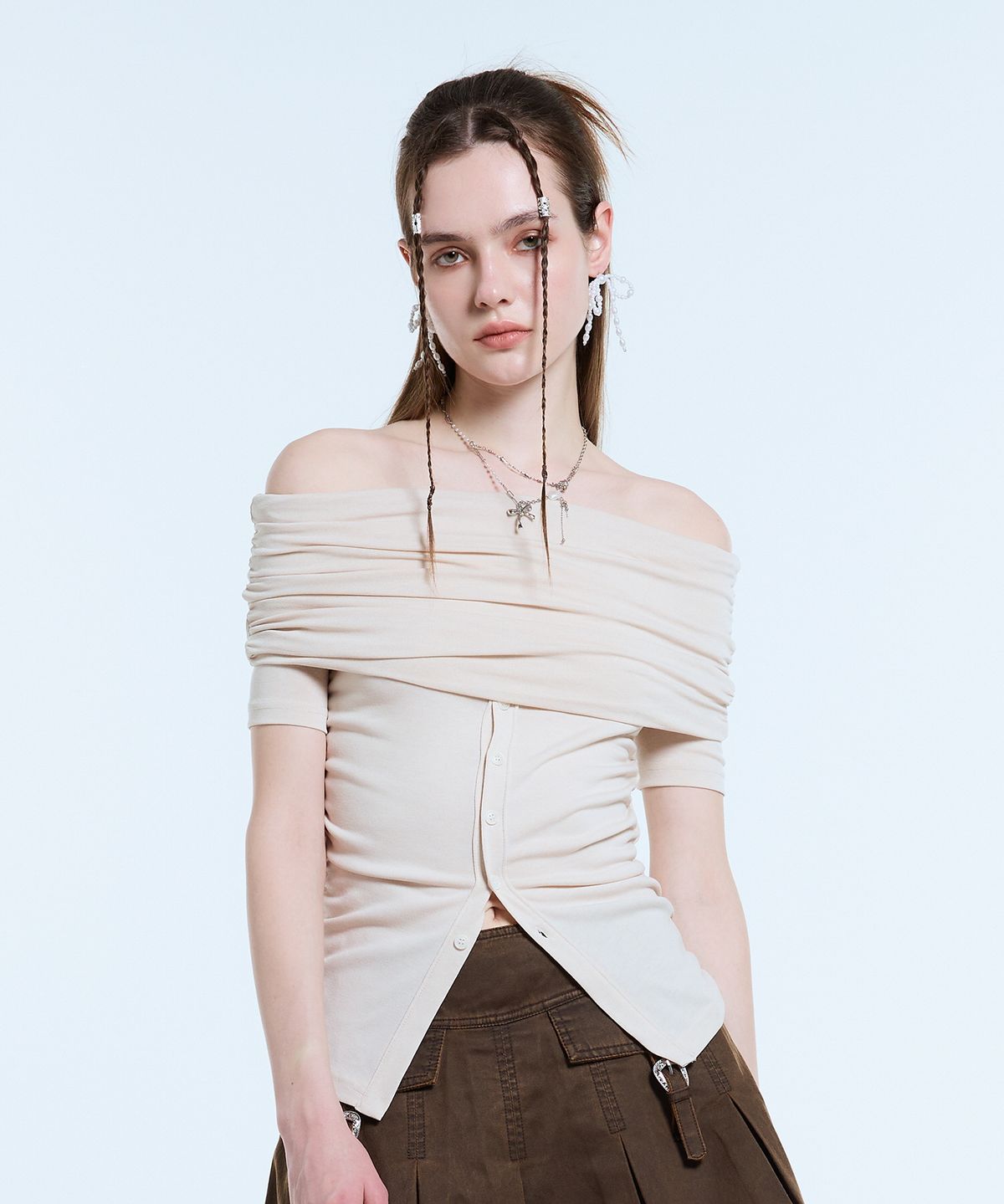 라티젠(LARTIGENT) L11 SHIRRING HALF TOP(CREAM)
