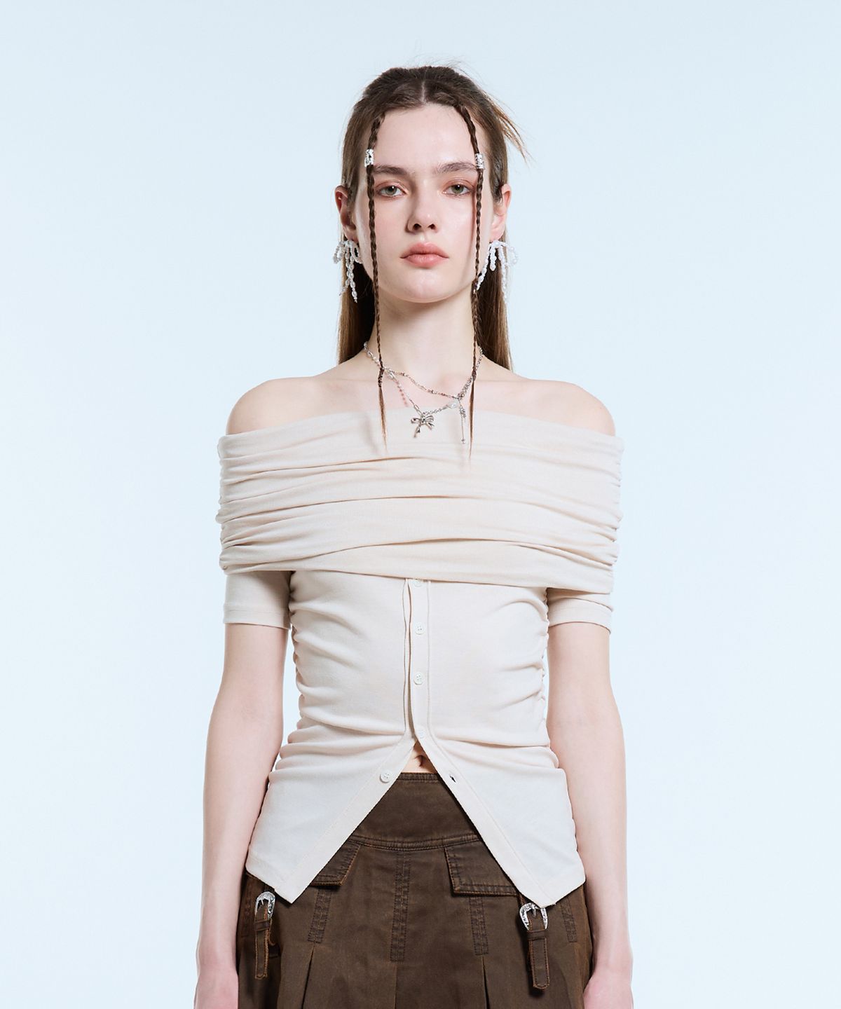 라티젠(LARTIGENT) L11 SHIRRING HALF TOP(CREAM)