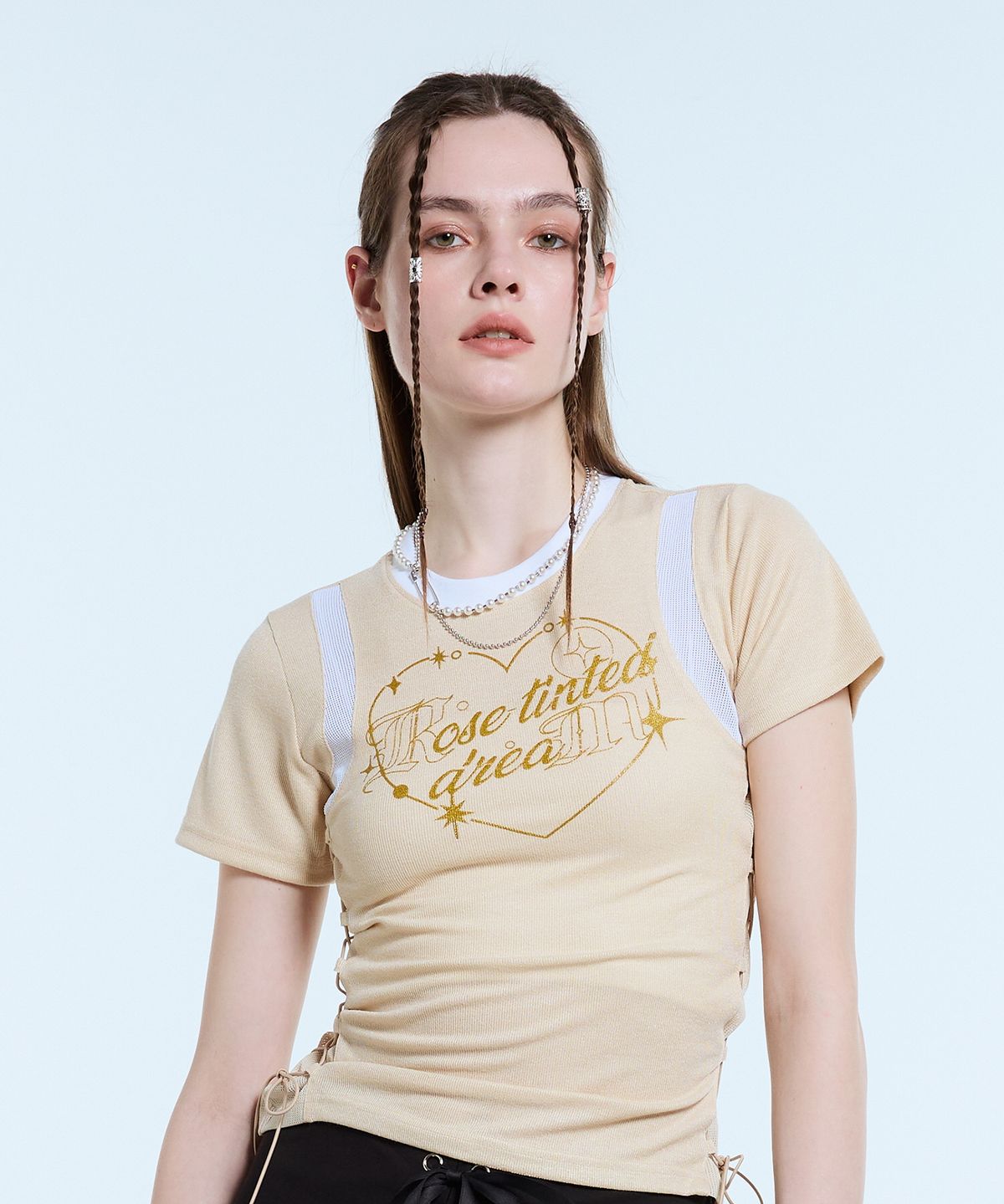 라티젠(LARTIGENT) L11 HEART MESH STRING TOP(BEIGE)
