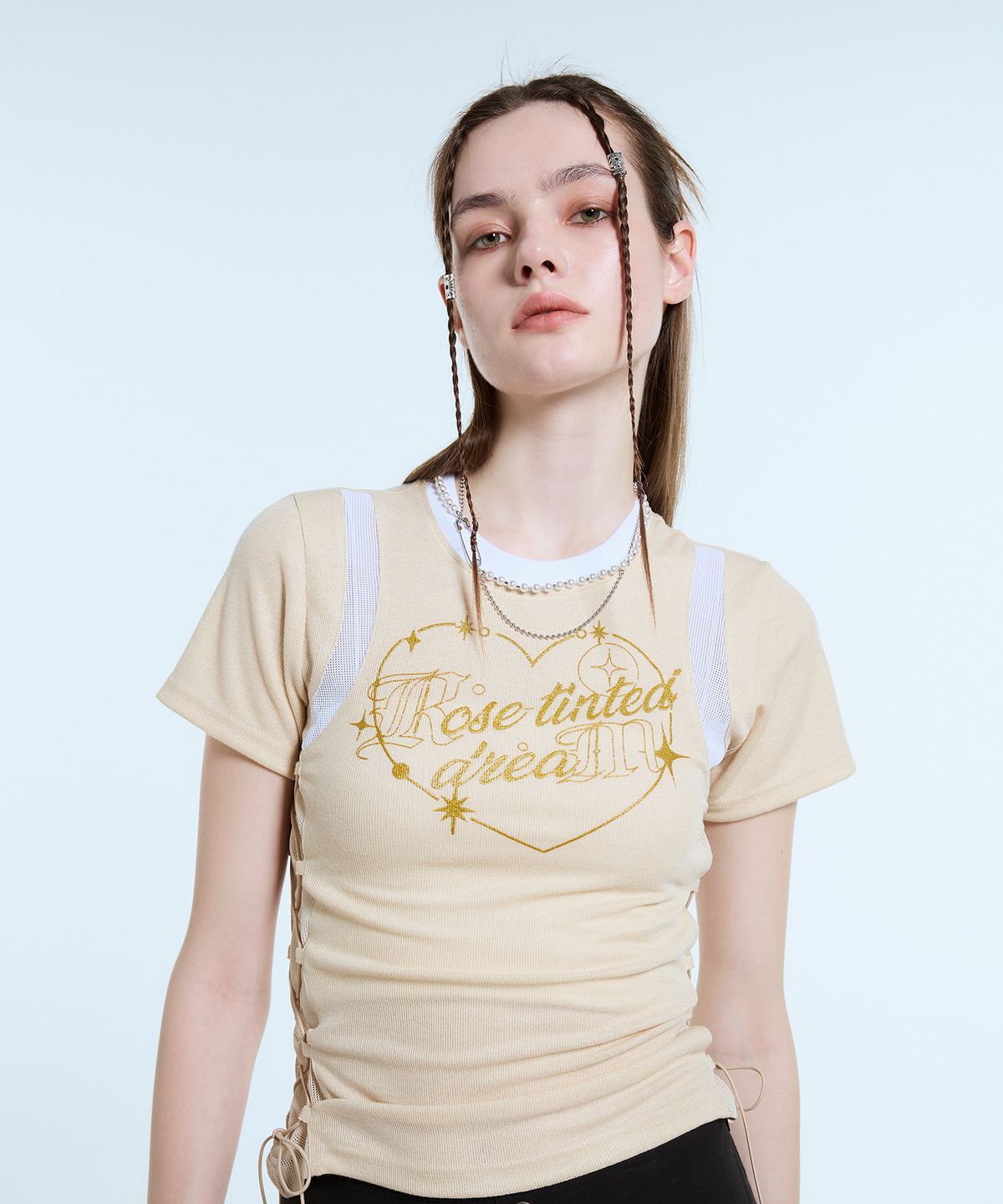 라티젠(LARTIGENT) L11 HEART MESH STRING TOP(BEIGE)