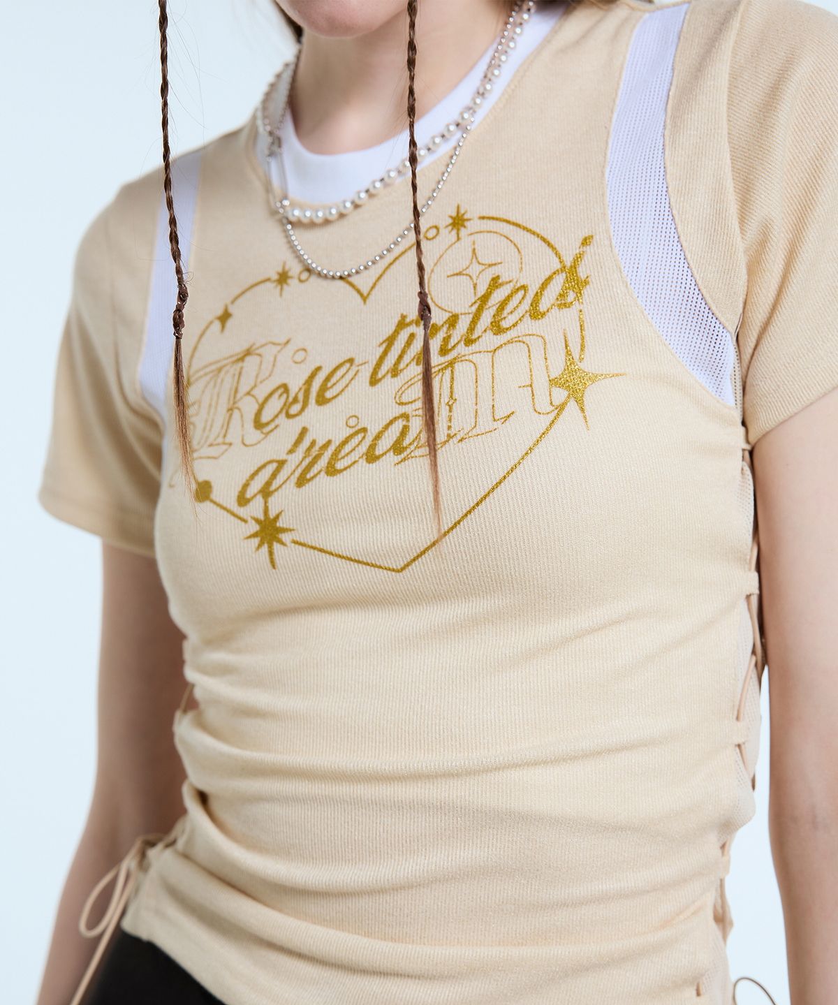 라티젠(LARTIGENT) L11 HEART MESH STRING TOP(BEIGE)