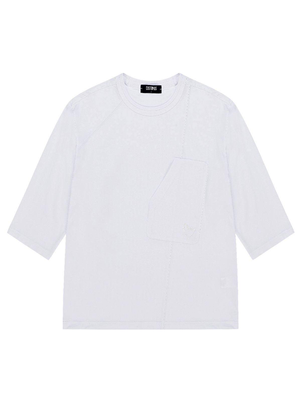 커스텀어스(CUSTOMUS) 사선절개 하트자수 7부소매 라운드티셔츠 CXS24MKRT309 WHI