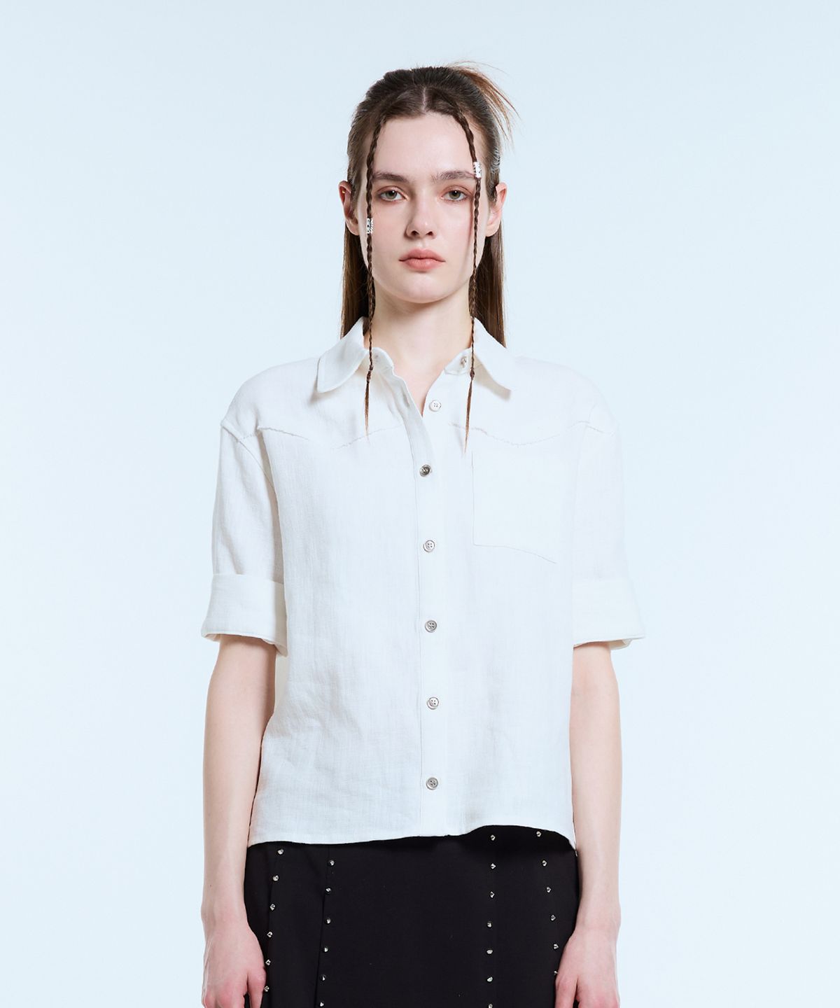 라티젠(LARTIGENT) L11 LINEN HALF SHIRT(WHITE)