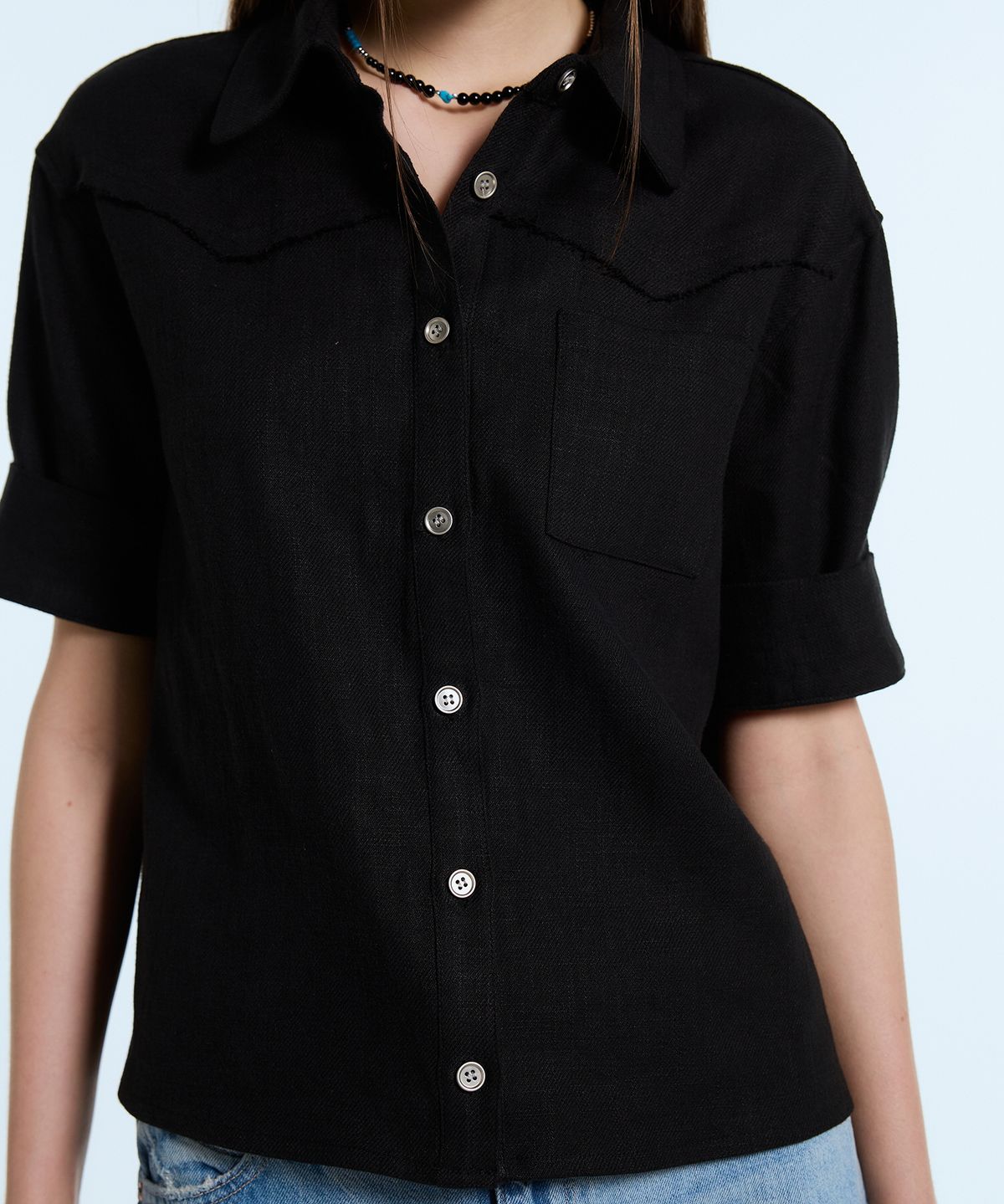 라티젠(LARTIGENT) L11 LINEN HALF SHIRT(BLACK)