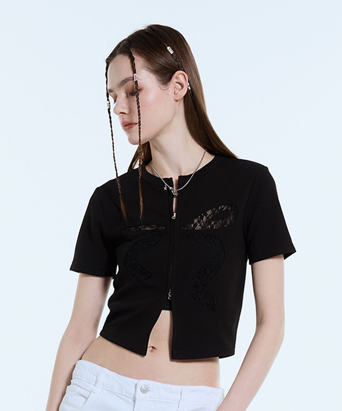 라티젠(LARTIGENT) L11 RIBBON LACE ZIP-UP(BLACK)