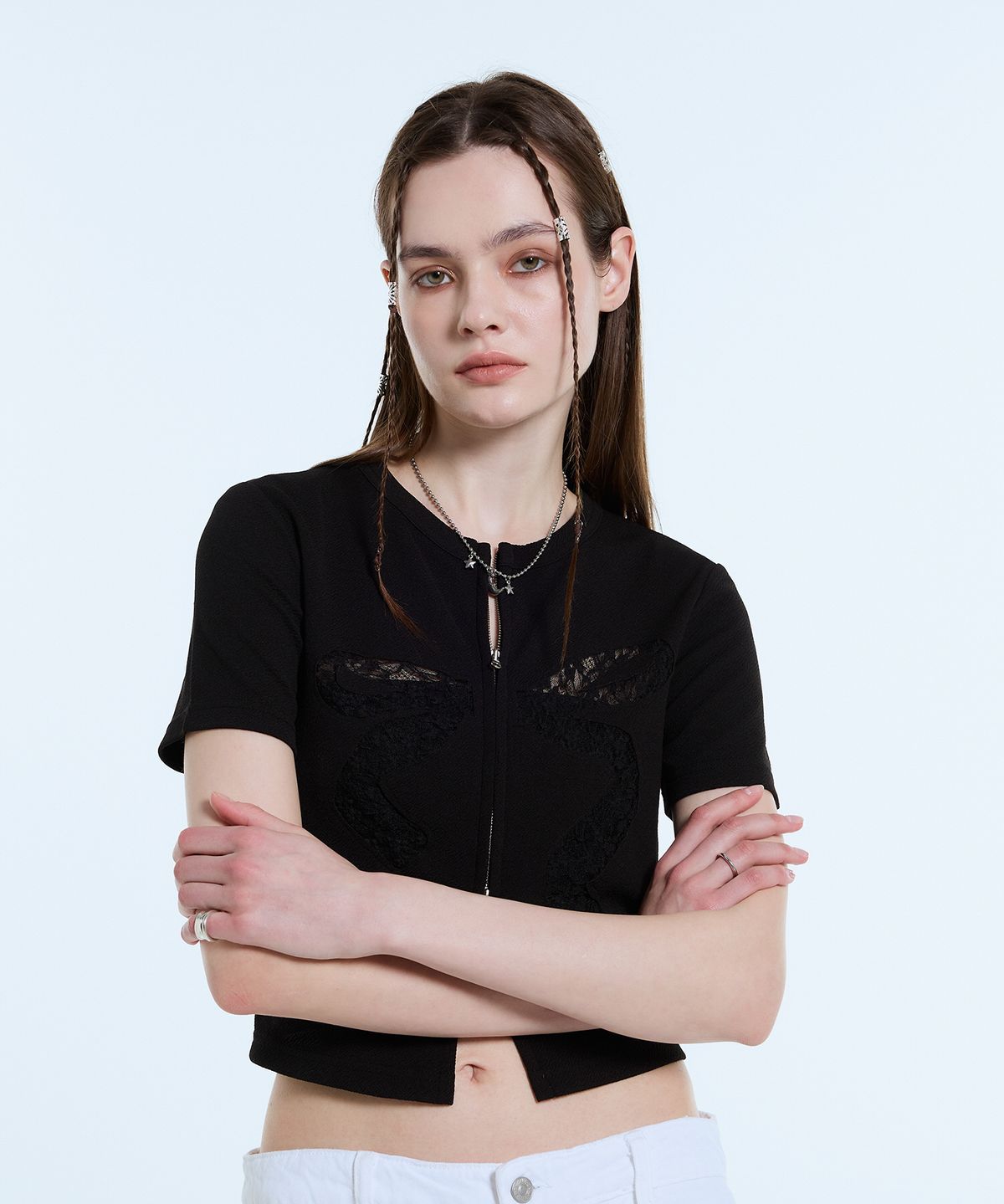 라티젠(LARTIGENT) L11 RIBBON LACE ZIP-UP(BLACK)