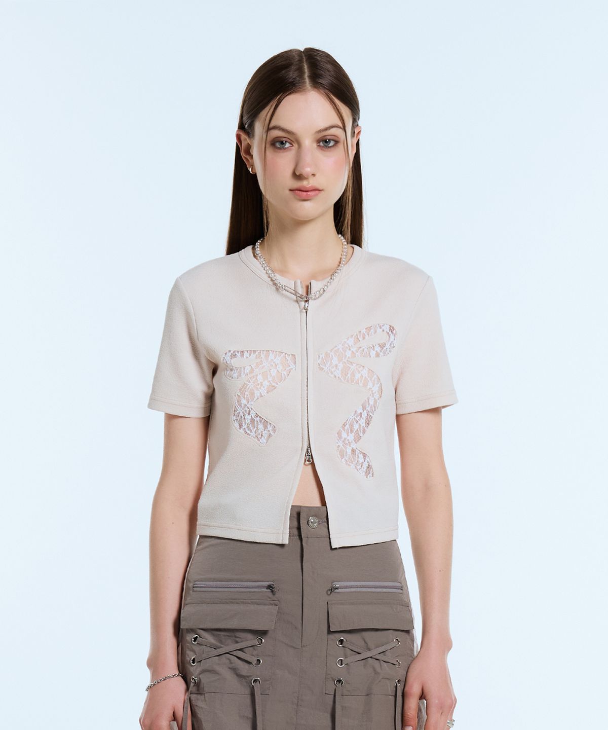 라티젠(LARTIGENT) L11 RIBBON LACE ZIP-UP(IVORY)