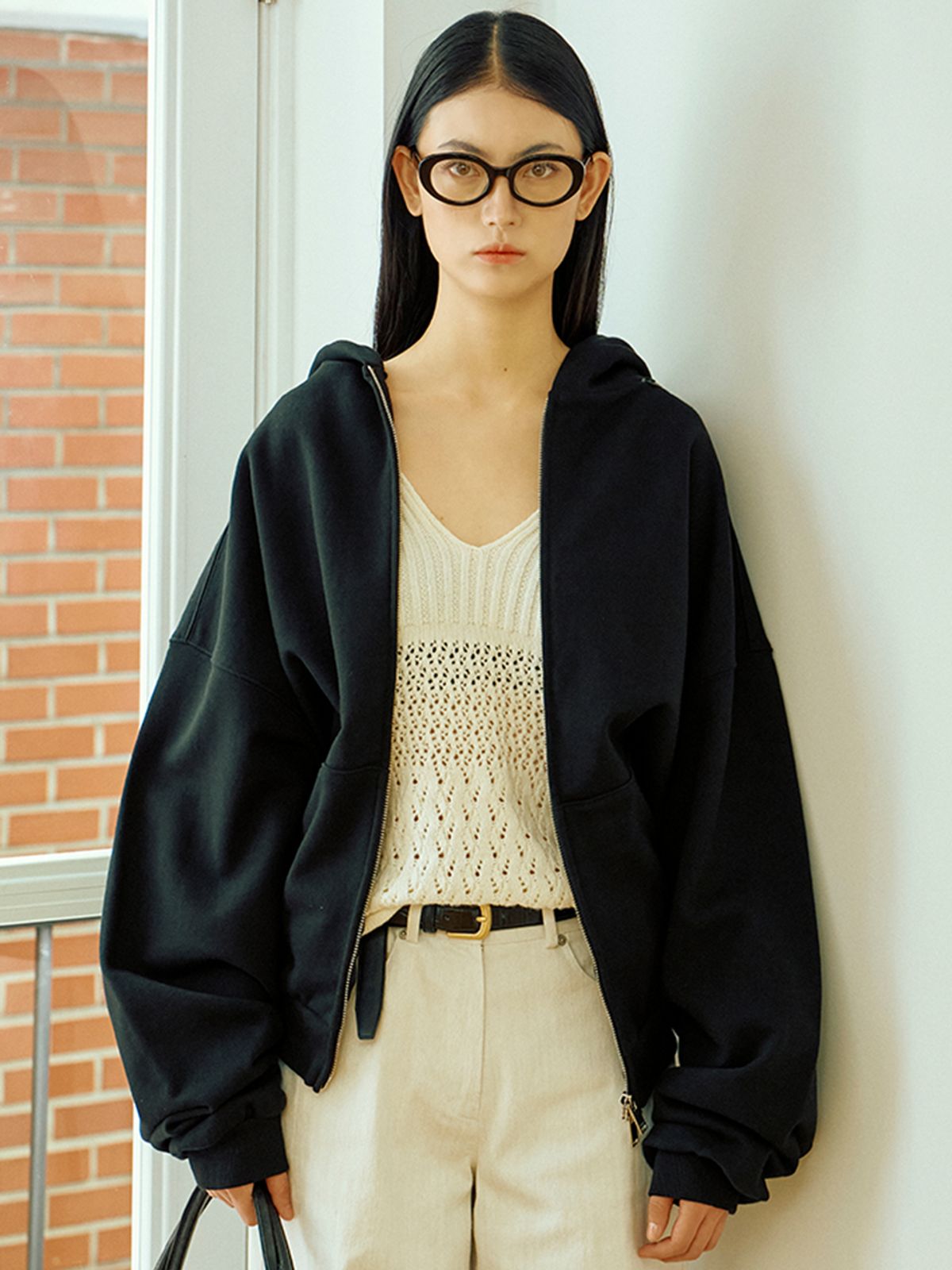 위메농(OUI MAIS NON) Back-string cotton zip-hoodie