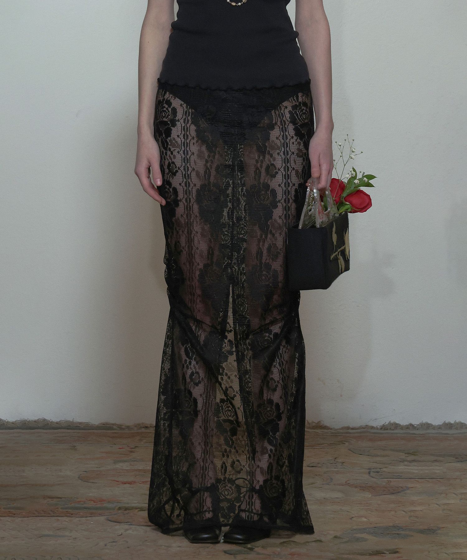 MUSINSA公式 | SCULPTOR Table Cloth Maxi Skirt Glossy Black