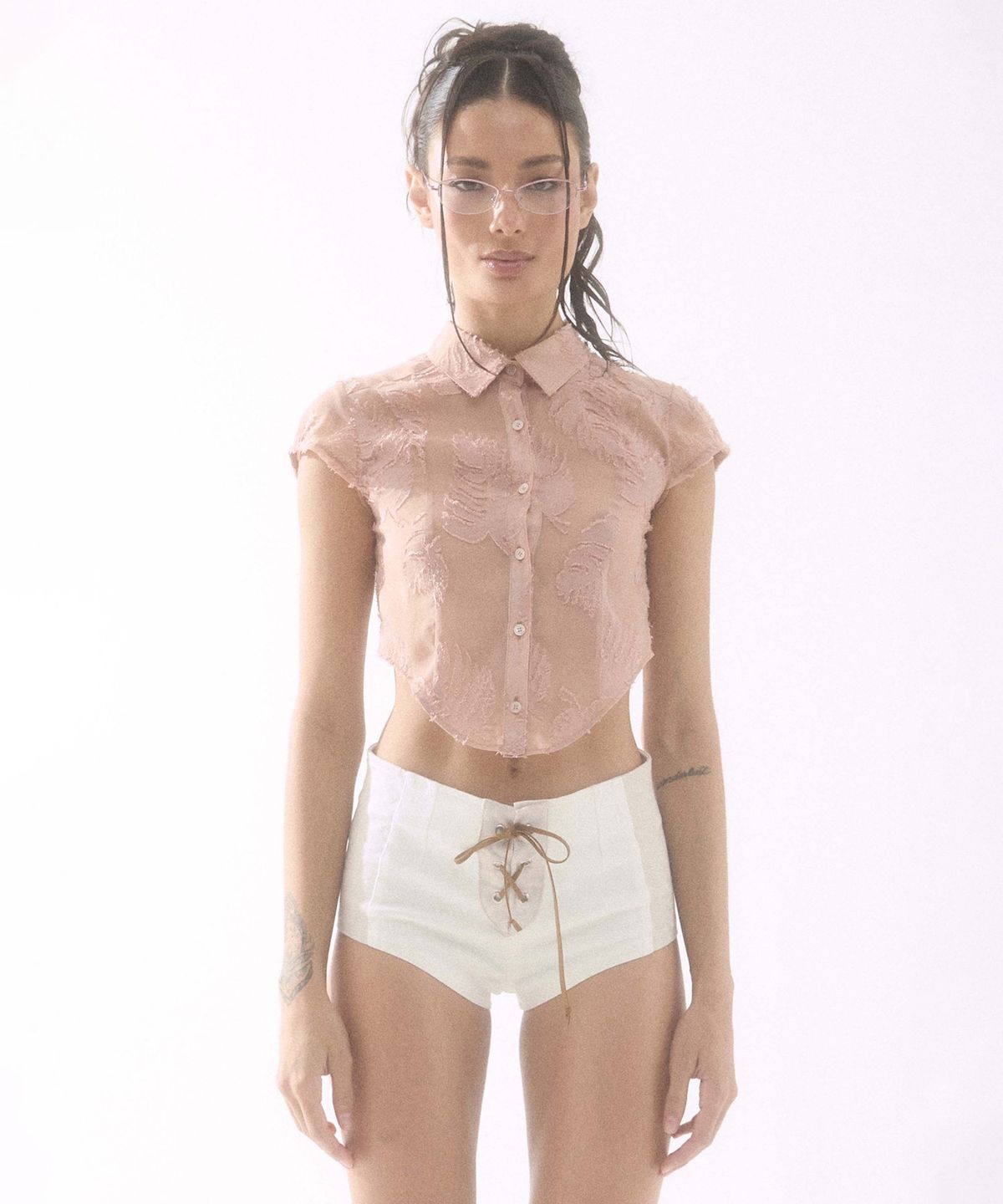 배디(BADEE) Palm Leaves Corset Shirt Salmon