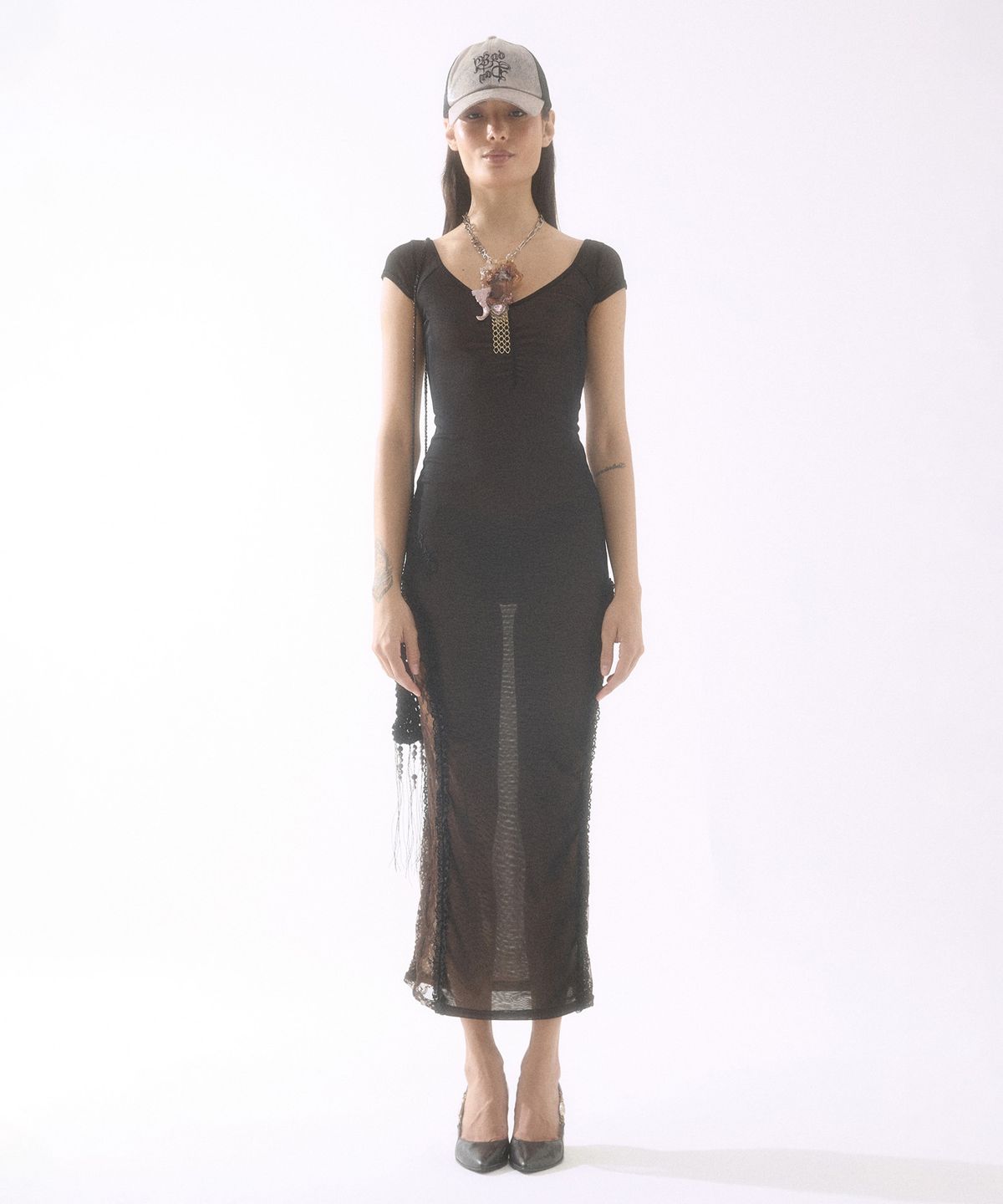 배디(BADEE) Side Lace Sheer Dress Black