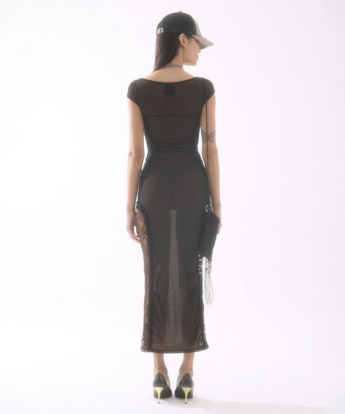 배디(BADEE) Side Lace Sheer Dress Black