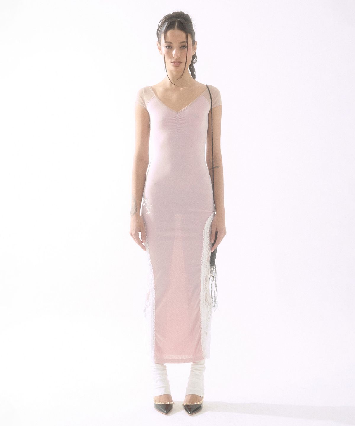 배디(BADEE) Side Lace Sheer Dress Pink