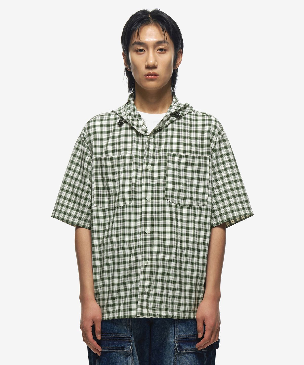 세컨모놀로그(SECONDMONO) (써머ver.)버튼 체크 후드 셔츠 하프 자켓 [GREEN]_SEJK016GREEN