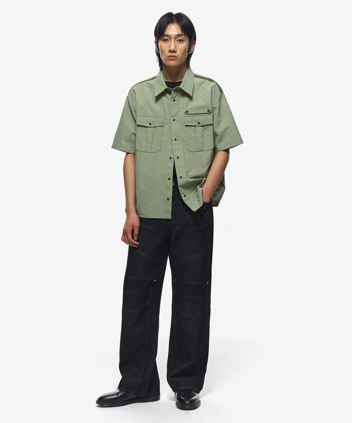 세컨모놀로그(SECONDMONO) 나일론 스냅 퍼티그 워크 하프 셔츠 자켓 [KHAKI]_SESH011KHAKI