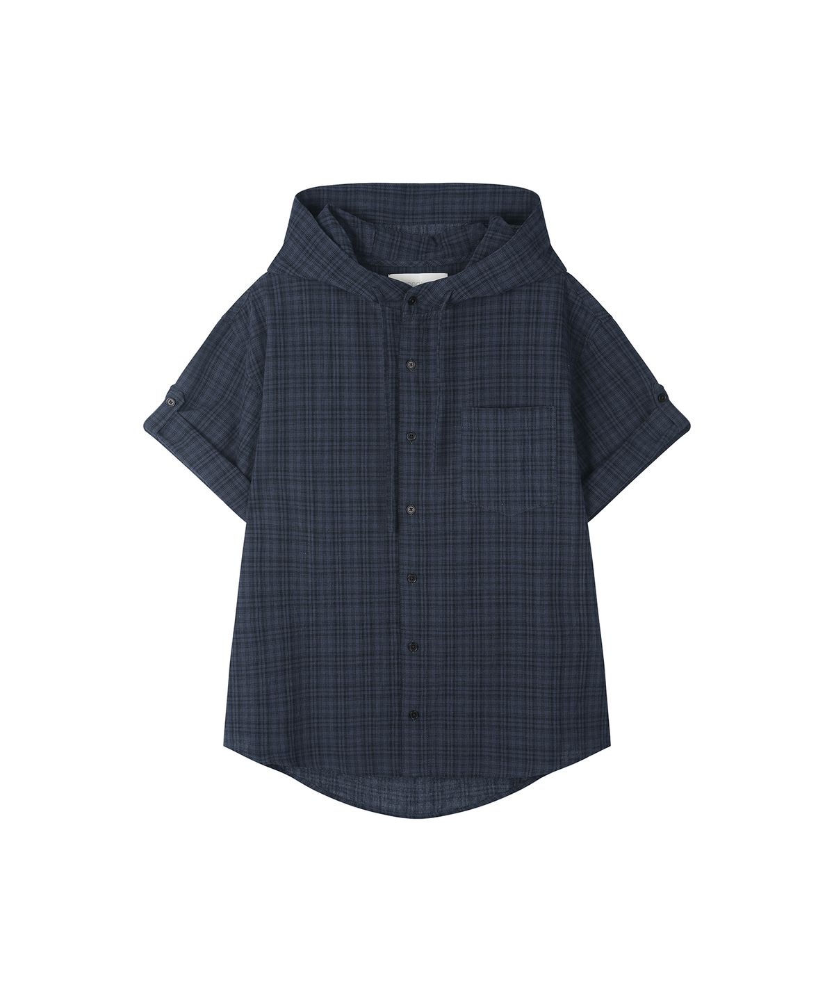 세컨모놀로그(SECONDMONO) Roll-up Button Hooded Check Half Shirt [NAVY]_SESH013NAVY