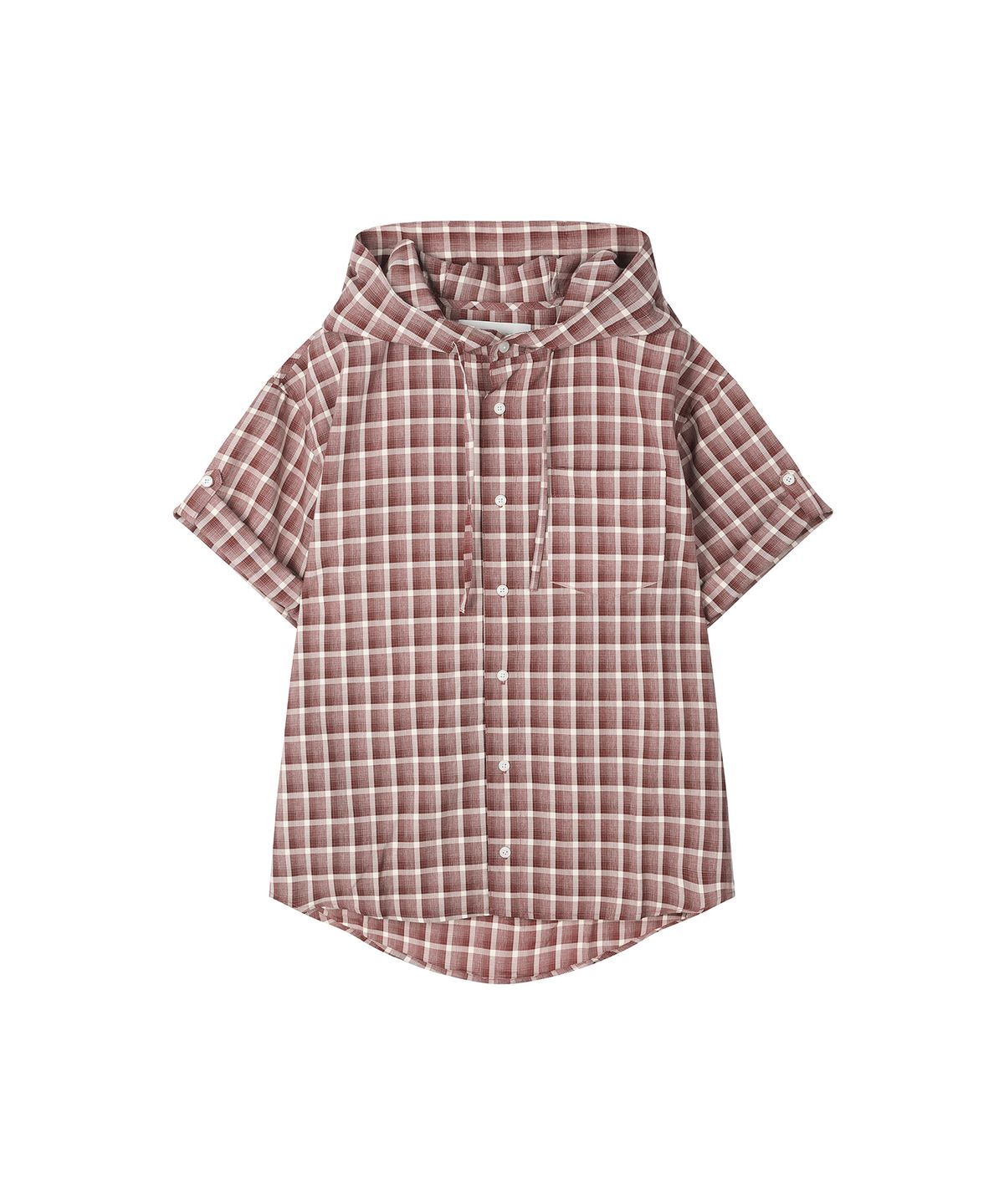 세컨모놀로그(SECONDMONO) Roll-up Button Hooded Check Half Shirt [BURGUNDY]_SESH013BURGUNDY