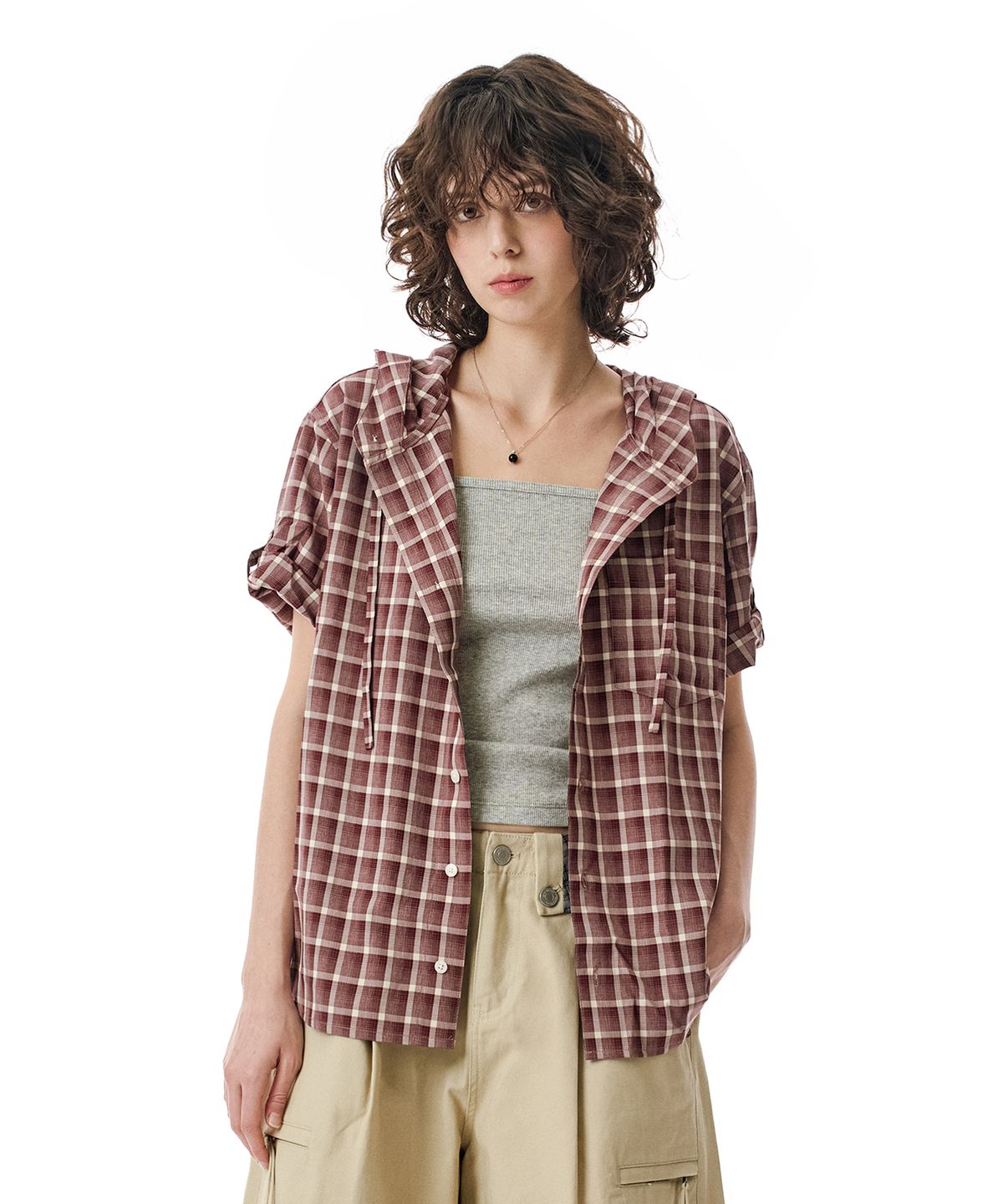 세컨모놀로그(SECONDMONO) Roll-up Button Hooded Check Half Shirt [BURGUNDY]_SESH013BURGUNDY