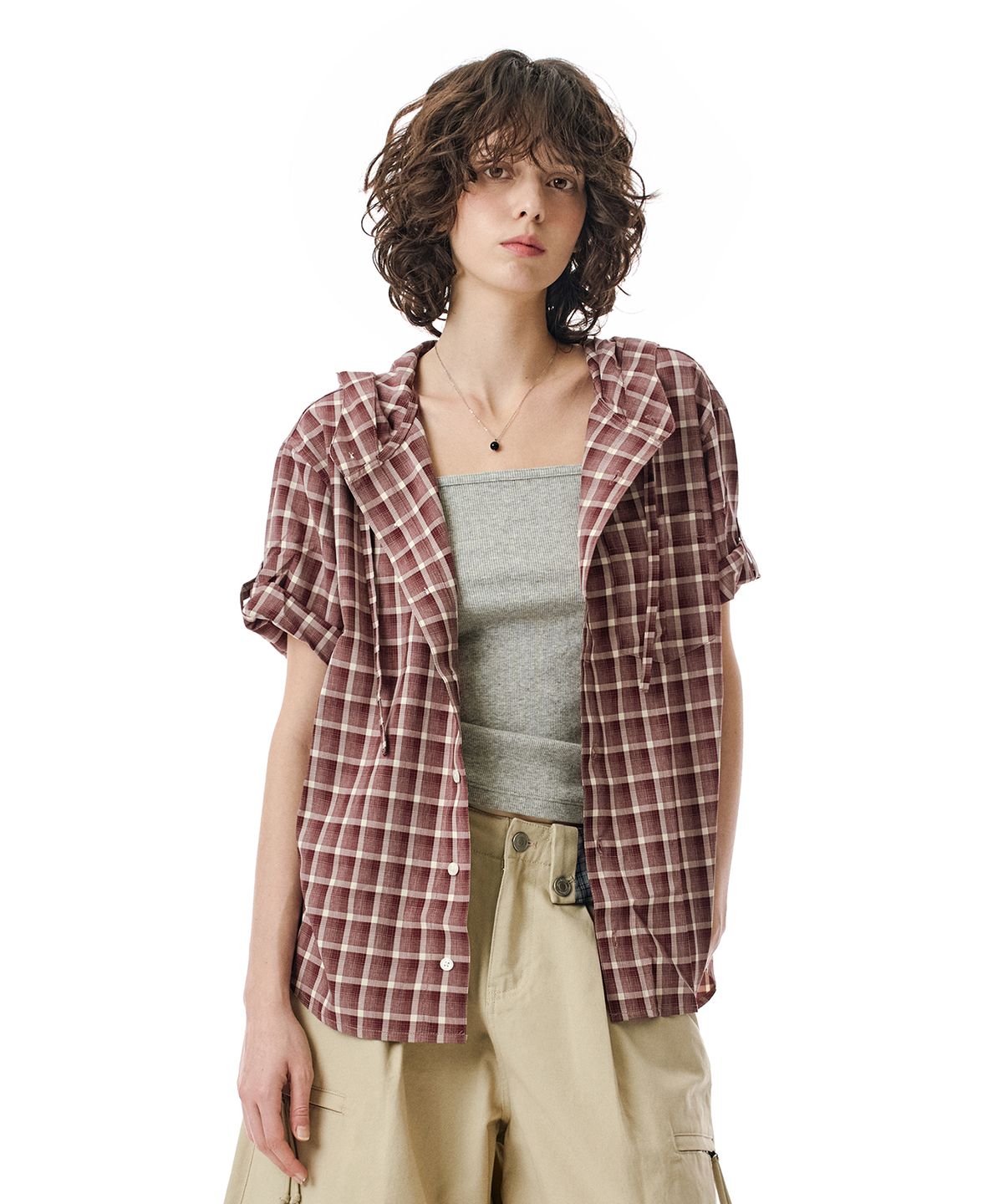 세컨모놀로그(SECONDMONO) Roll-up Button Hooded Check Half Shirt [BURGUNDY]_SESH013BURGUNDY