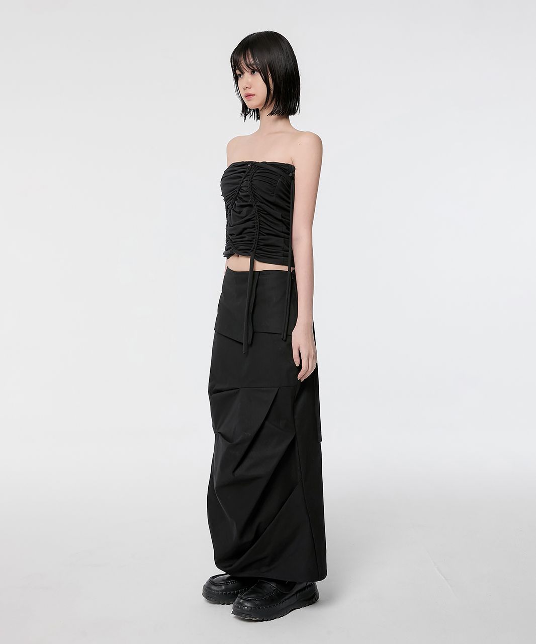MUSINSA | FLAREUP Drape Layered Maxi Skirt (FL-238_Black)