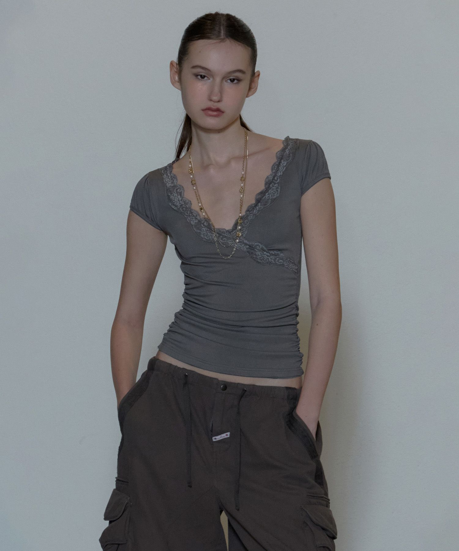 ★SCULPTOR★ Lace Trim Wrap Tee Charcoal SC24S261CH Lace Trim Wrap Tee Charcoal – Sculptor