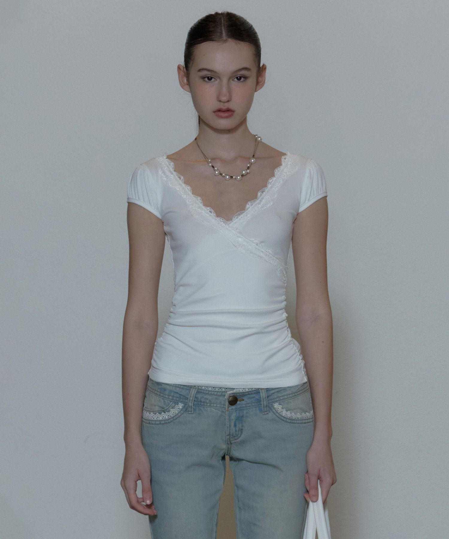 ★SCULPTOR★ Lace Trim Wrap Tee White SC24S261WH SCULPTOR® online store