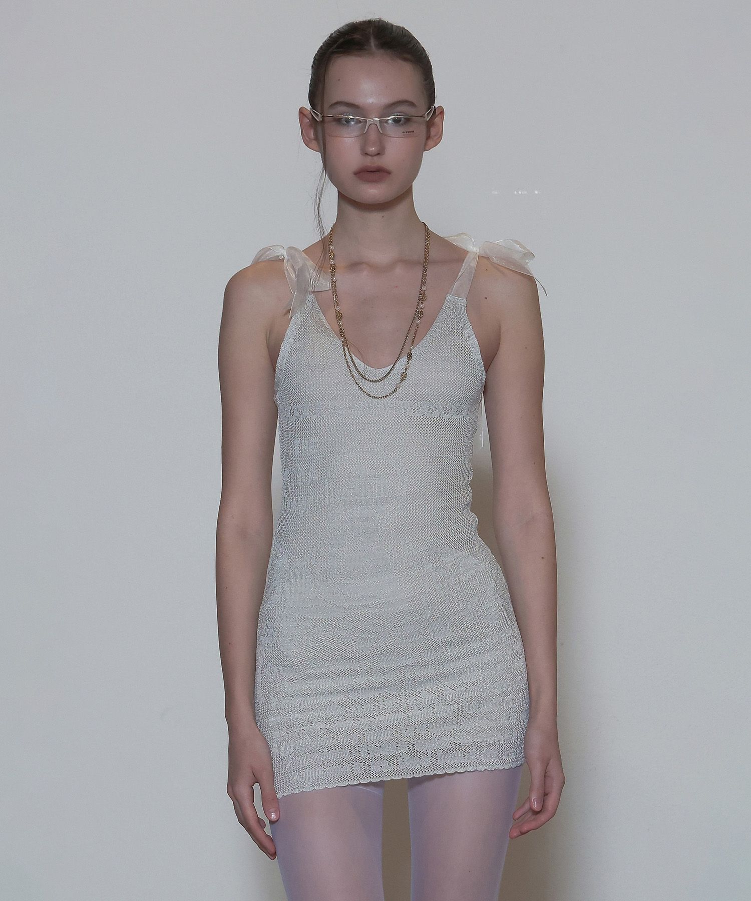 스컬프터(SCULPTOR) Silhouette Crochet Mini Dress Metallic Silver