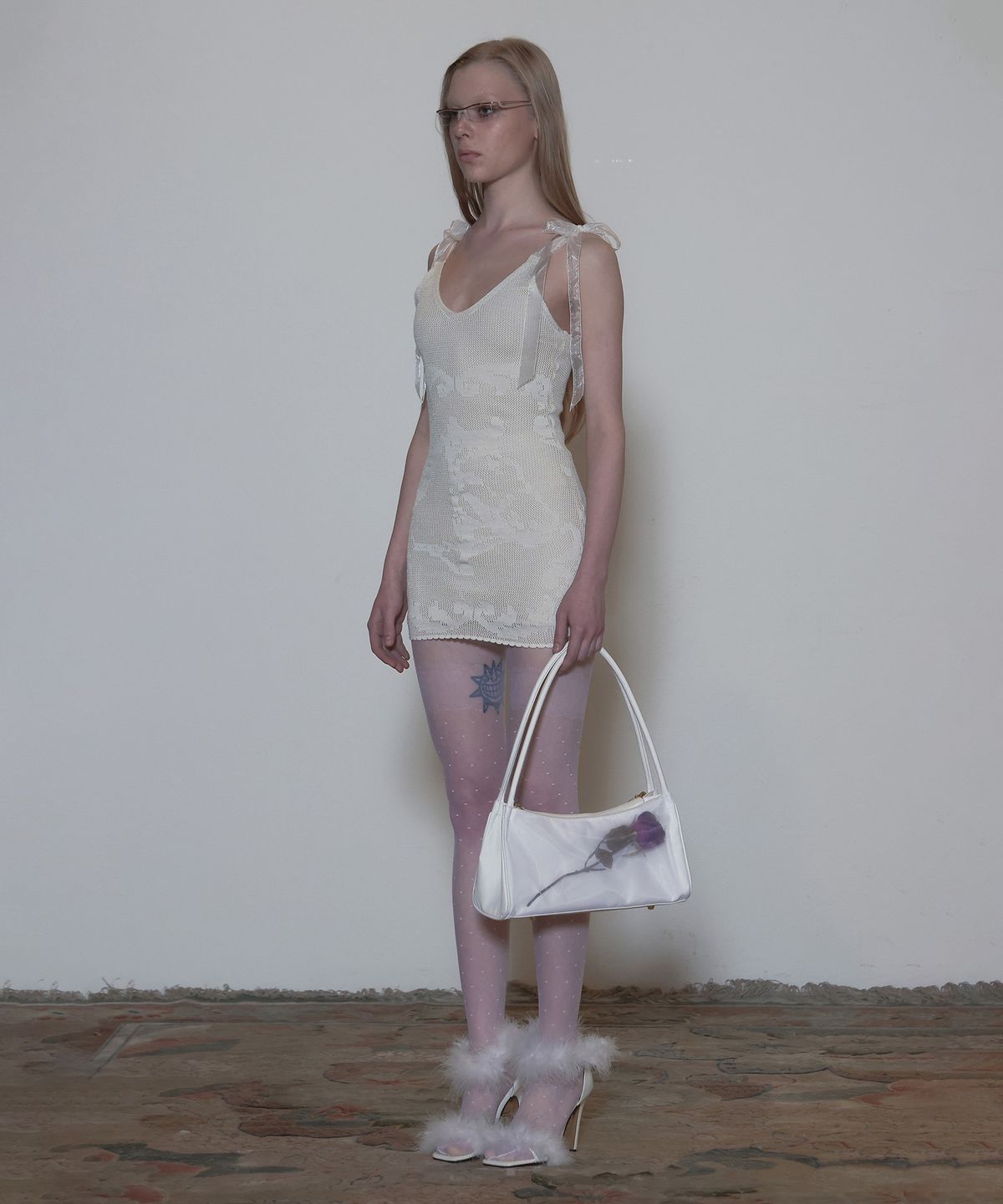 스컬프터(SCULPTOR) Silhouette Crochet Mini Dress Metallic White