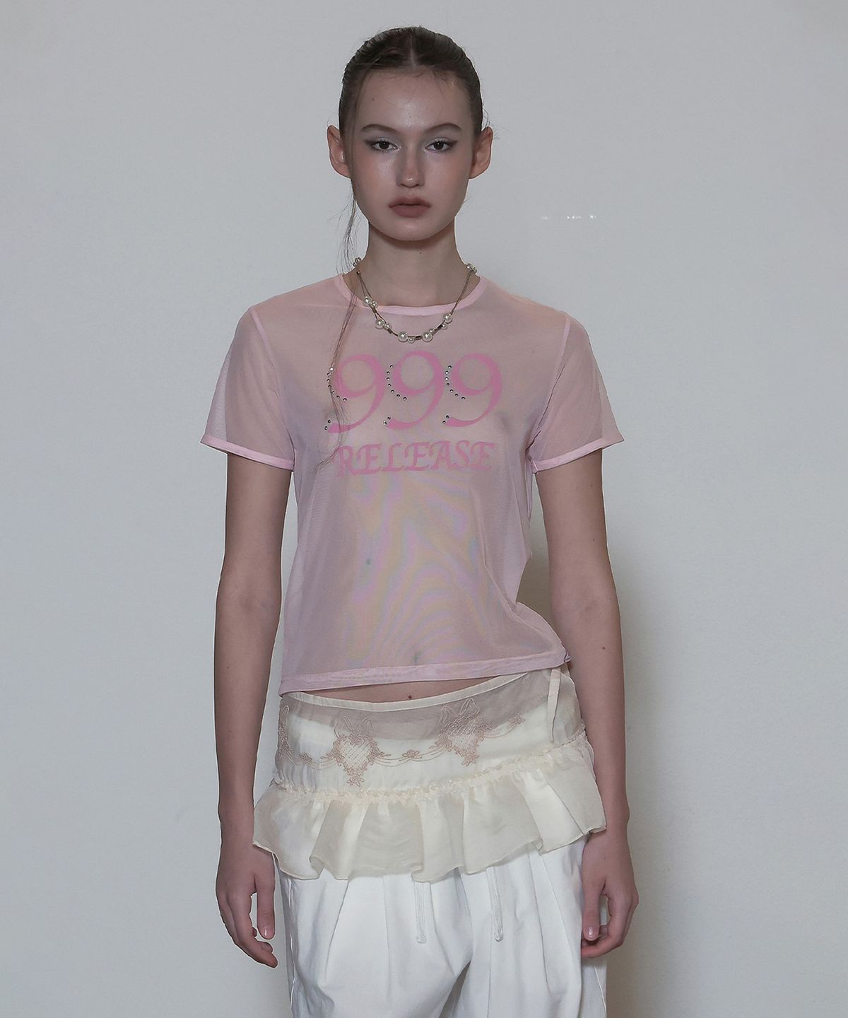 스컬프터(SCULPTOR) Sheer Ringer Crop Top Pale Pink