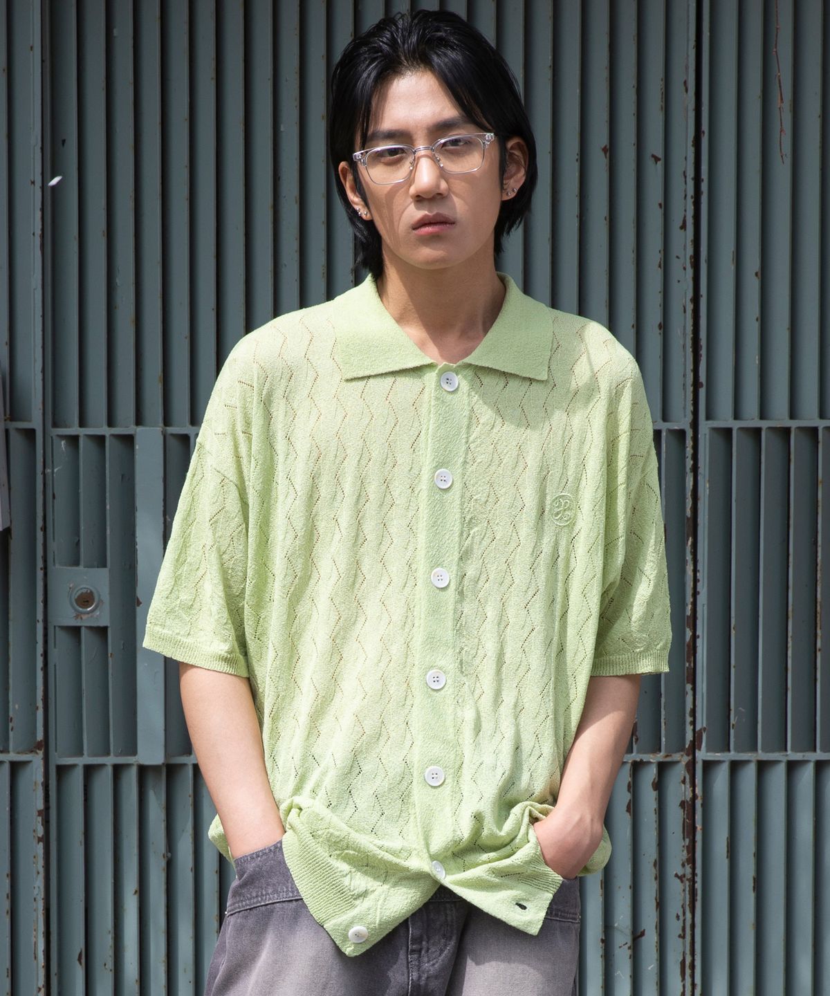 엑스톤즈(XTONZ) XTK103 레타 펀칭 반팔 니트 가디건 (LIGHT GREEN)