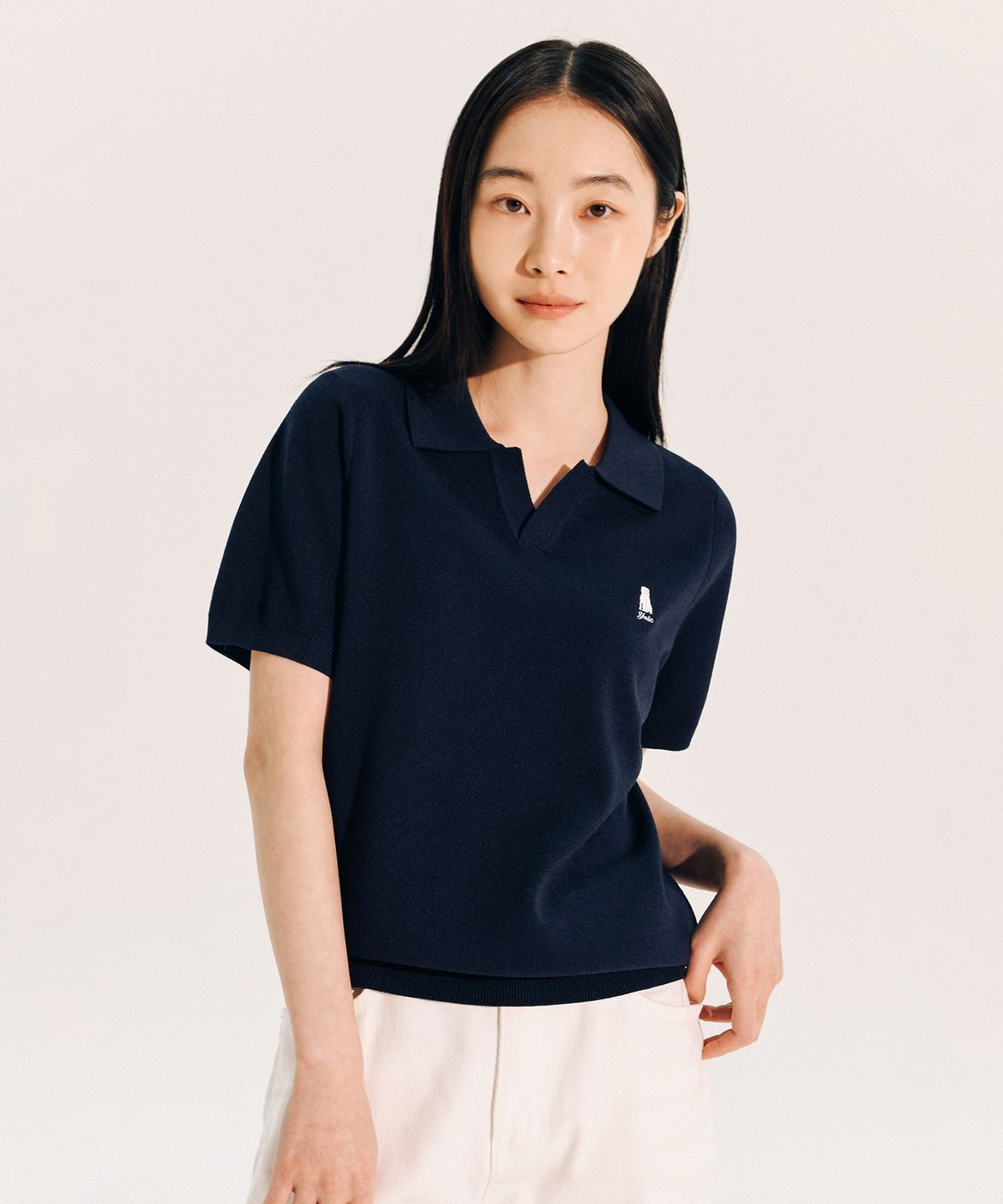 예일(YALE) 우먼즈 컴포트 쿨 슬릿넥 폴로 니트 네이비