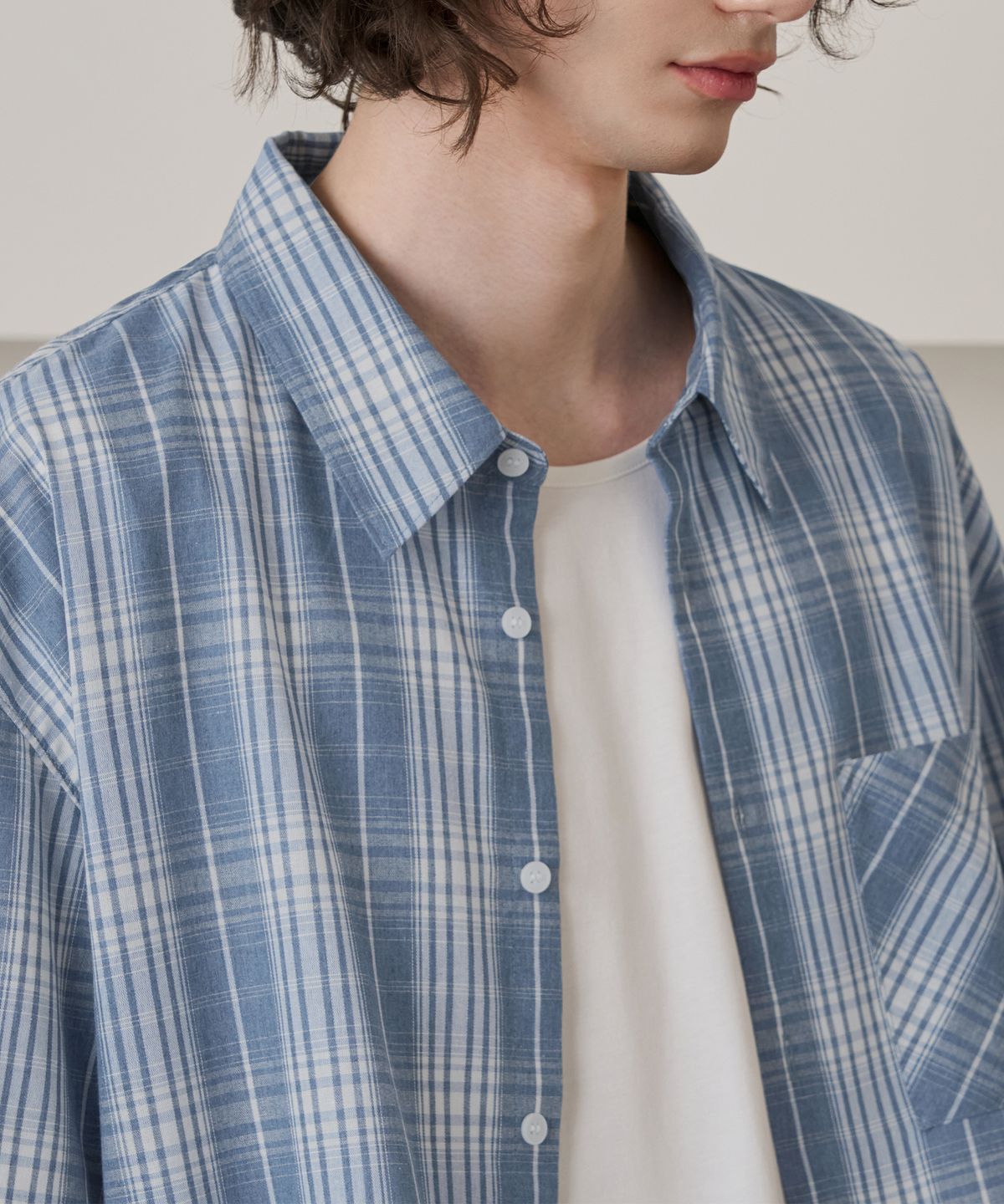 드로우핏(DRAW FIT) 스티븐 체크 하프 셔츠 [SKY BLUE]