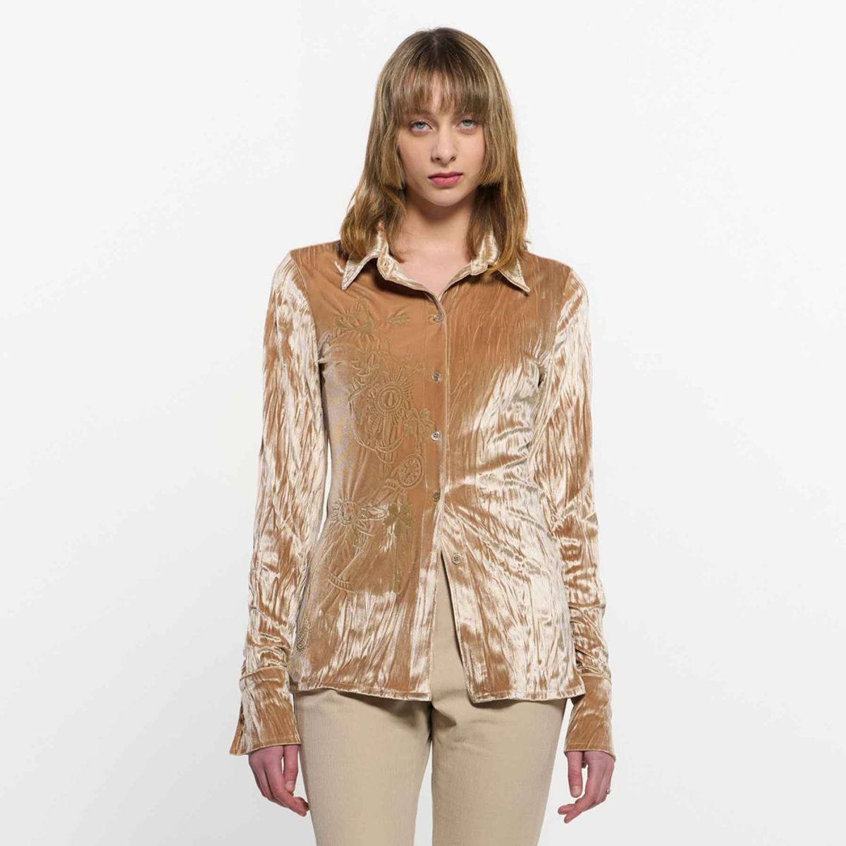 킴지수(KIMZISU) Embroidered Velvet Slim Shirt _ BEIGE