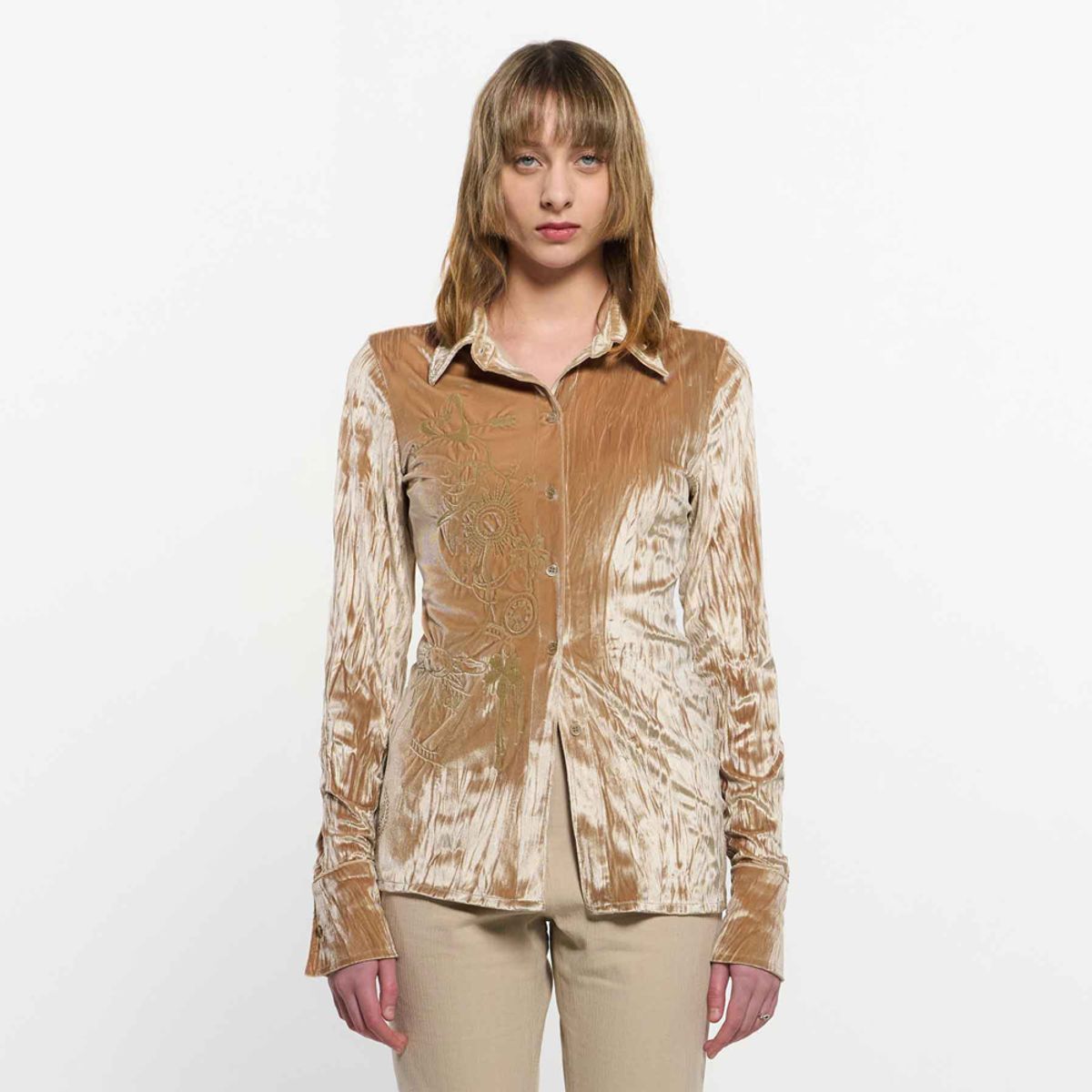 킴지수(KIMZISU) Embroidered Velvet Slim Shirt _ BEIGE