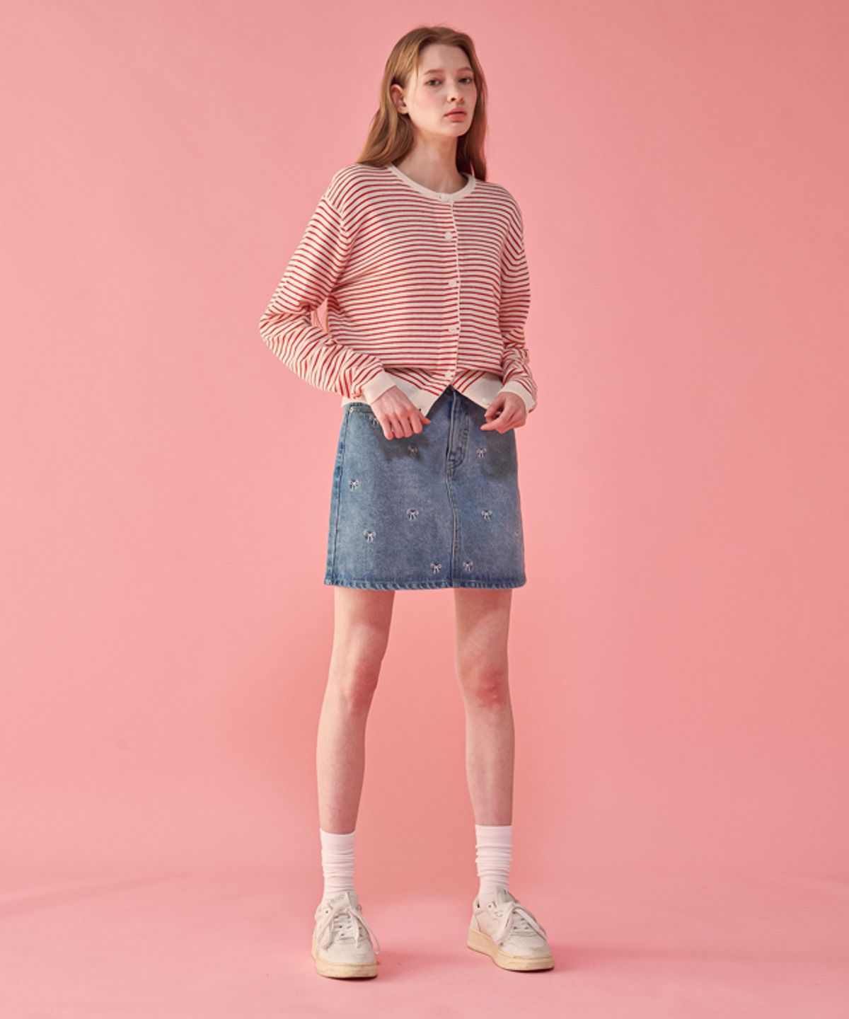론론(RONRON) MULTI STRIPE KNIT CARDIGAN RED BUTTER