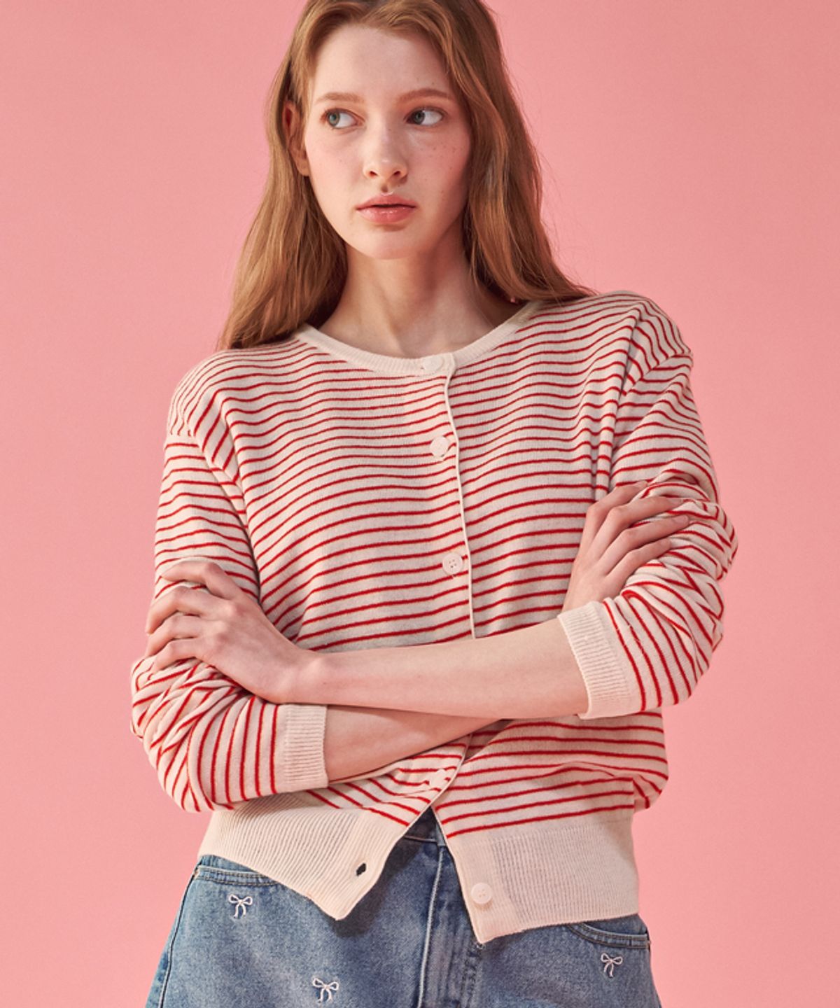 론론(RONRON) MULTI STRIPE KNIT CARDIGAN RED BUTTER