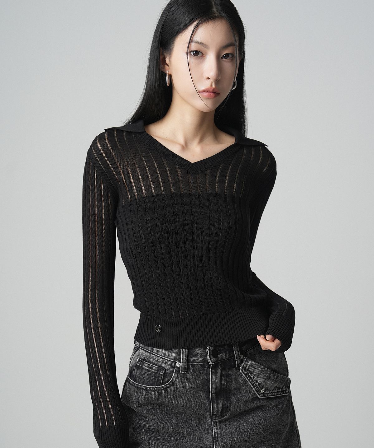 어반드레스(AVANDRESS) See-through V-neck Collar knit - 4COL