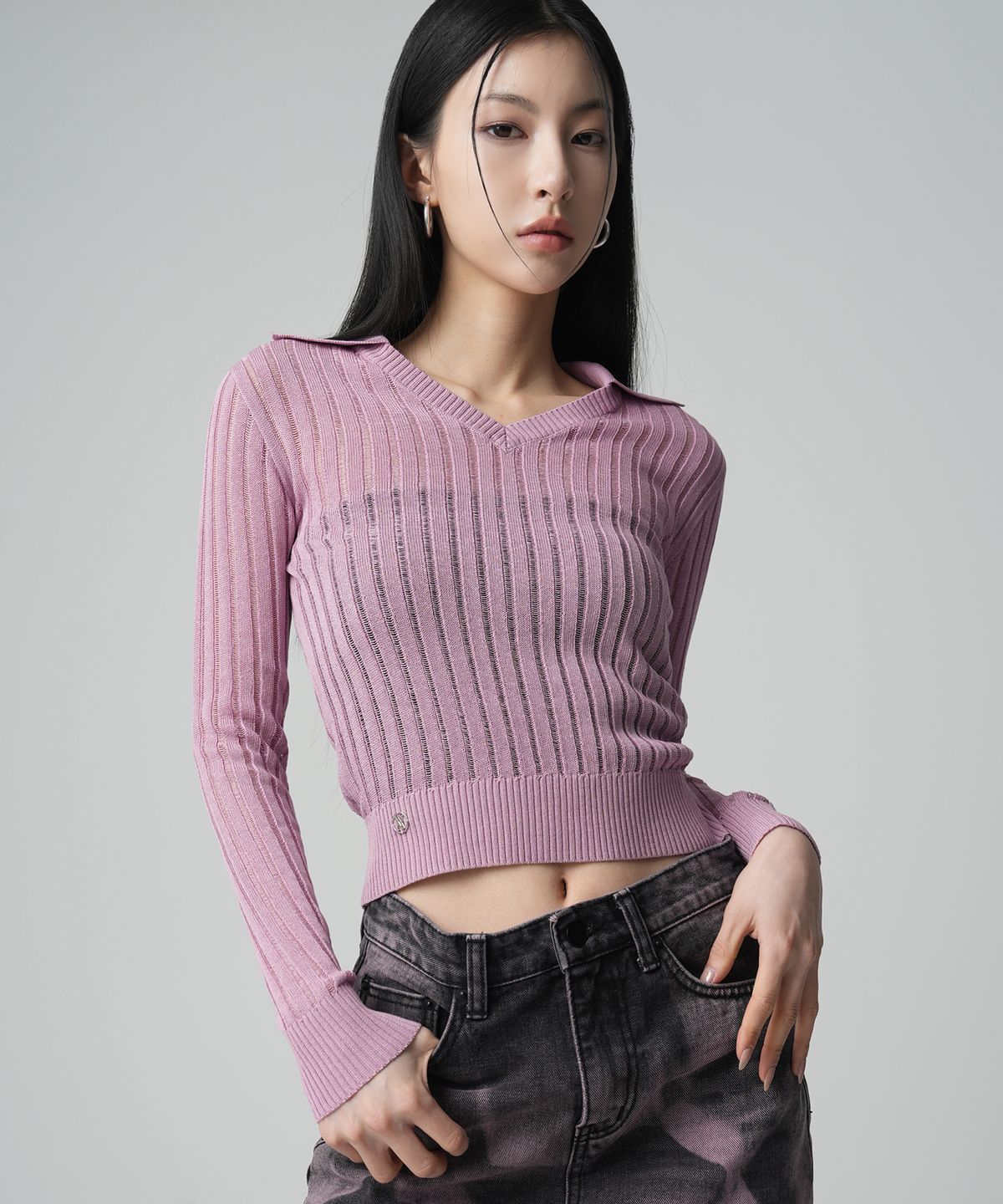 어반드레스(AVANDRESS) See-through V-neck Collar knit - 4COL