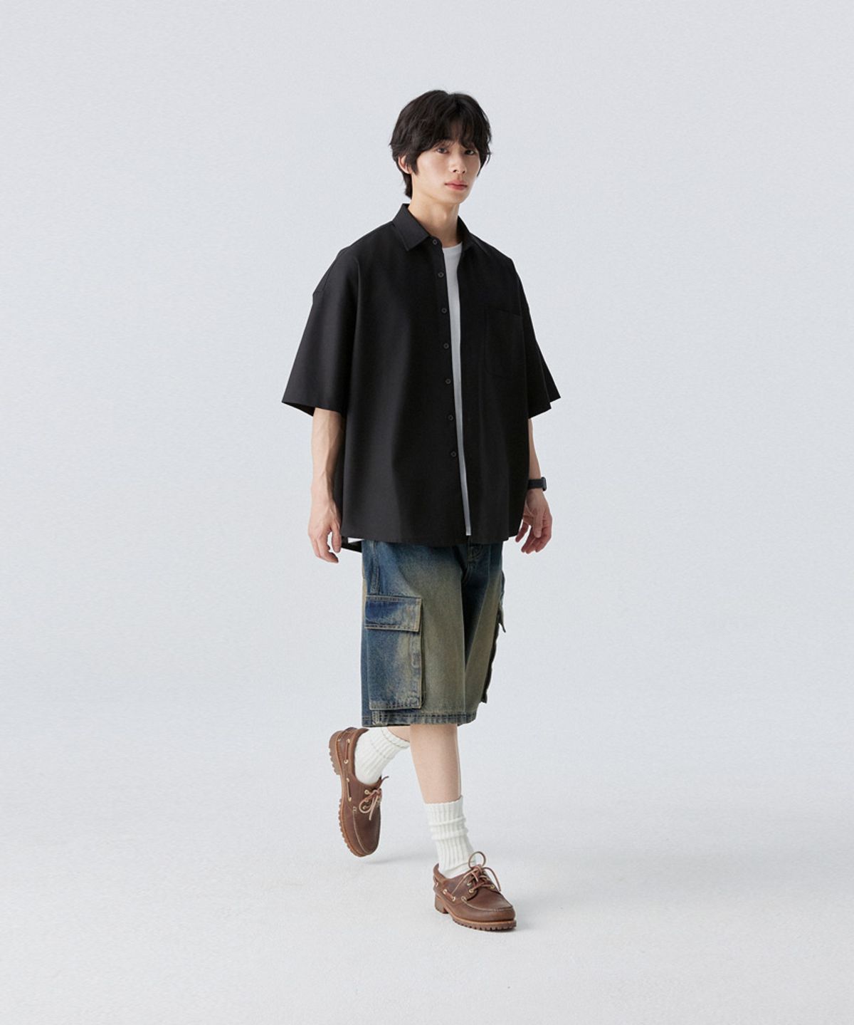 스탠즈(STENDS) [M~4XL] 올데이 린넨 오버핏 반팔 셔츠_블랙