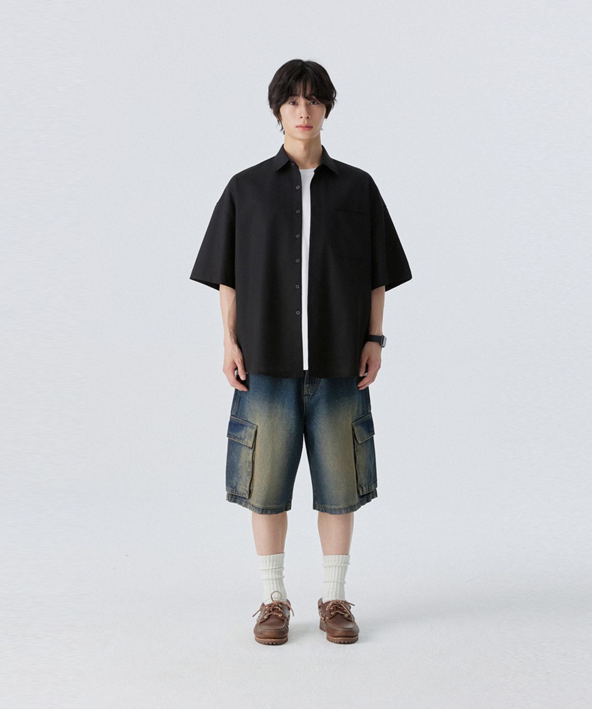 스탠즈(STENDS) [M~4XL] 올데이 린넨 오버핏 반팔 셔츠_블랙