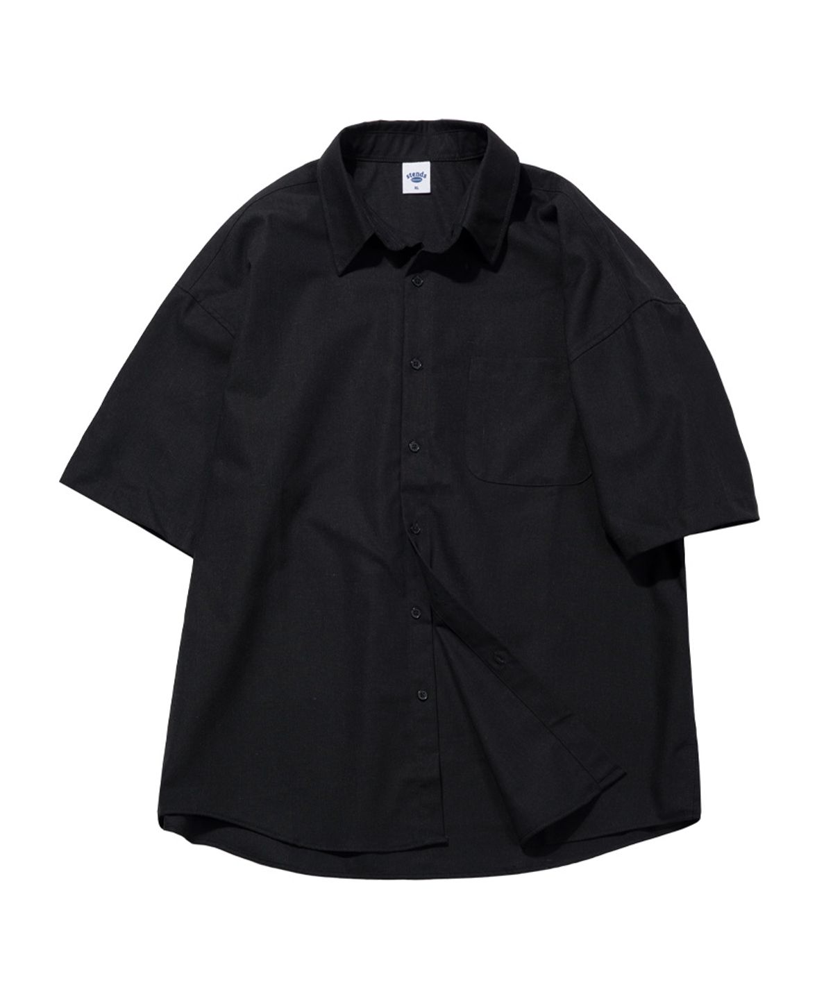 스탠즈(STENDS) [M~4XL] 올데이 린넨 오버핏 반팔 셔츠_블랙