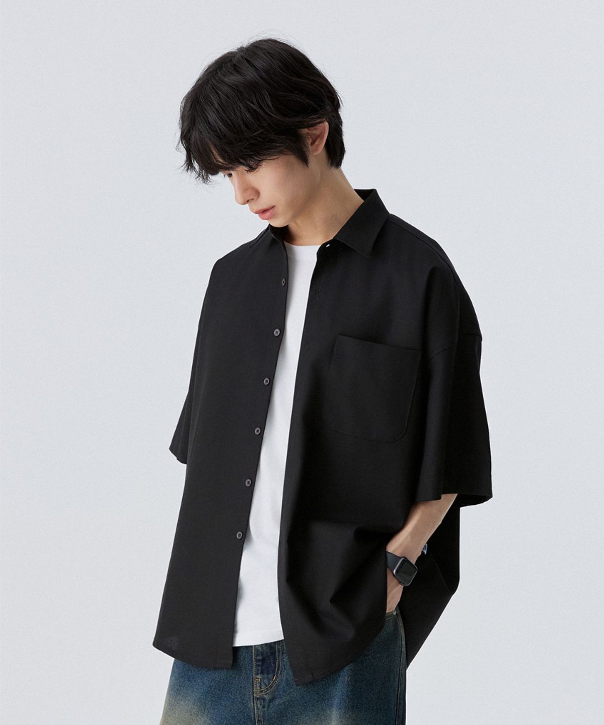 스탠즈(STENDS) [M~4XL] 올데이 린넨 오버핏 반팔 셔츠_블랙