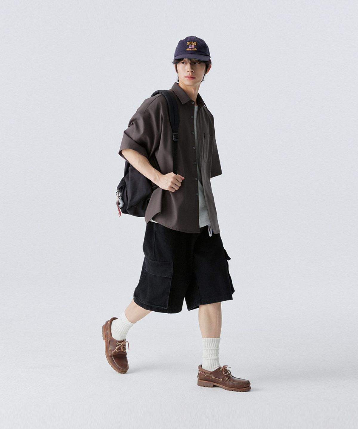 스탠즈(STENDS) [M~4XL] 올데이 린넨 오버핏 반팔 셔츠_차콜