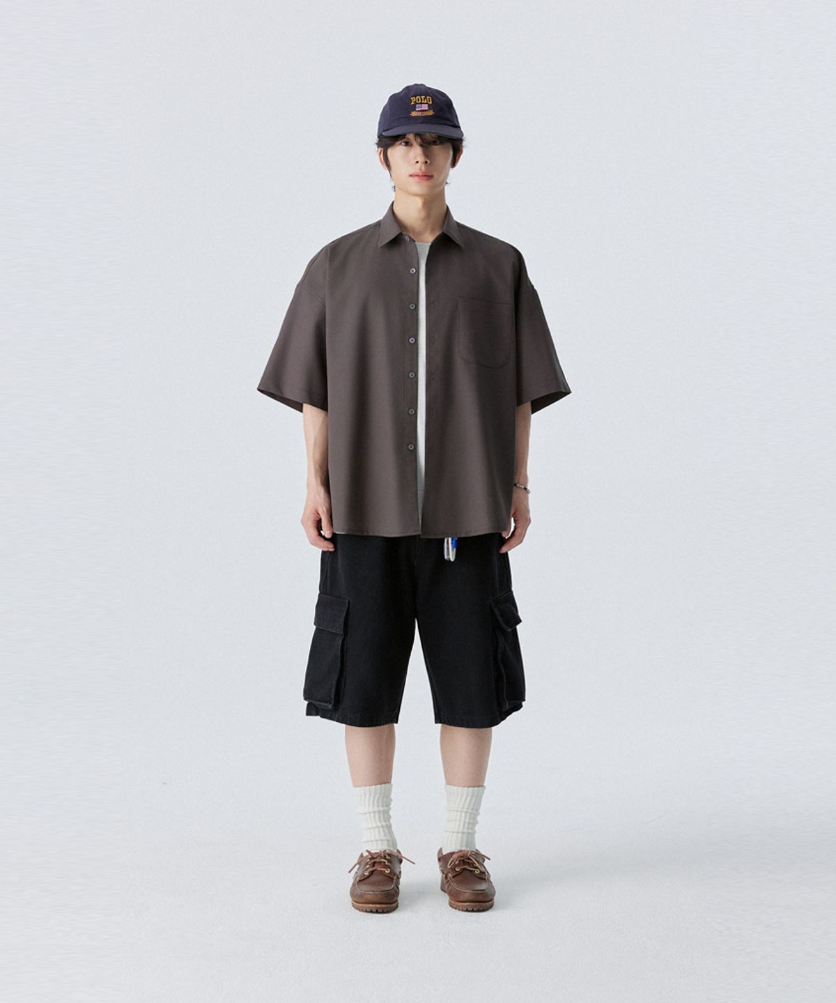 스탠즈(STENDS) [M~4XL] 올데이 린넨 오버핏 반팔 셔츠_차콜