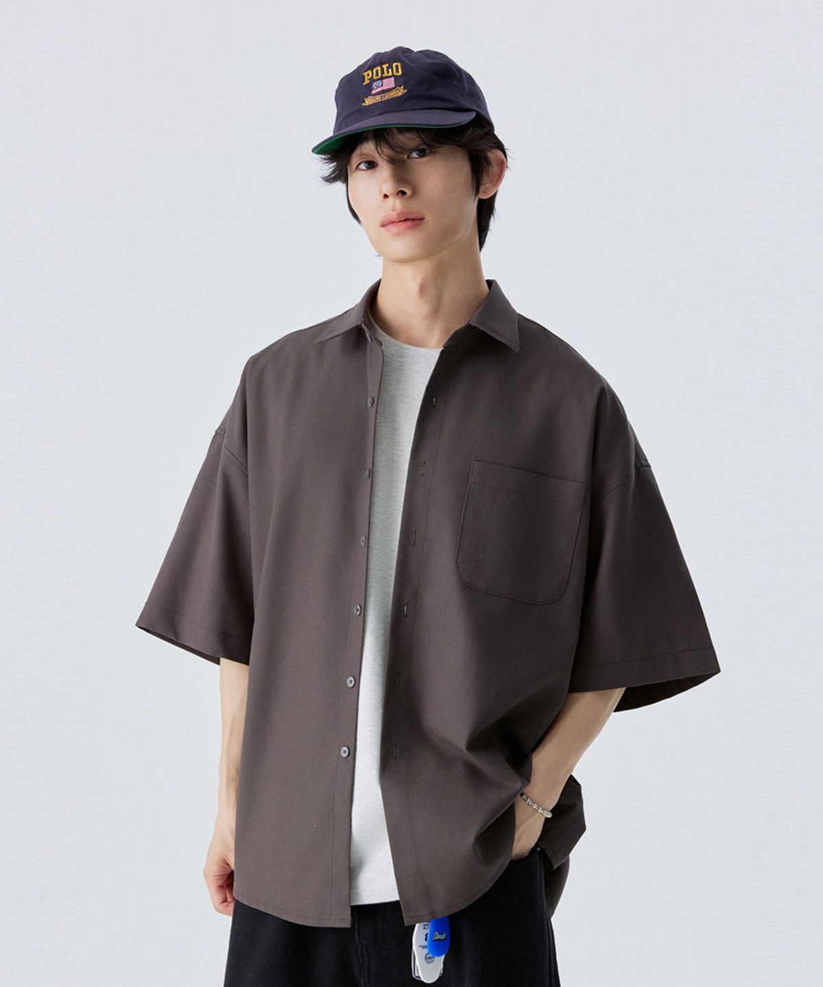 스탠즈(STENDS) [M~4XL] 올데이 린넨 오버핏 반팔 셔츠_차콜