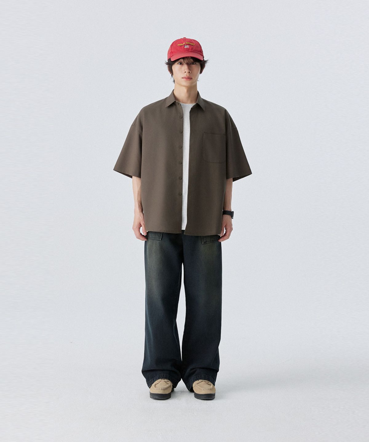 스탠즈(STENDS) [M~4XL] 올데이 린넨 오버핏 반팔 셔츠_카키
