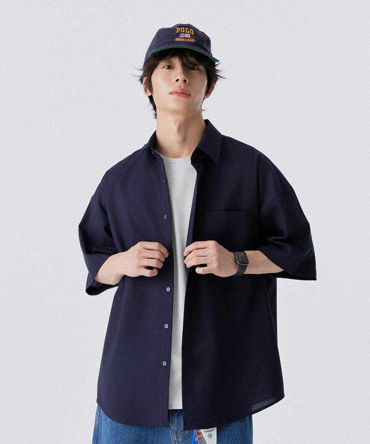 스탠즈(STENDS) [M~4XL] 올데이 린넨 오버핏 반팔 셔츠_네이비