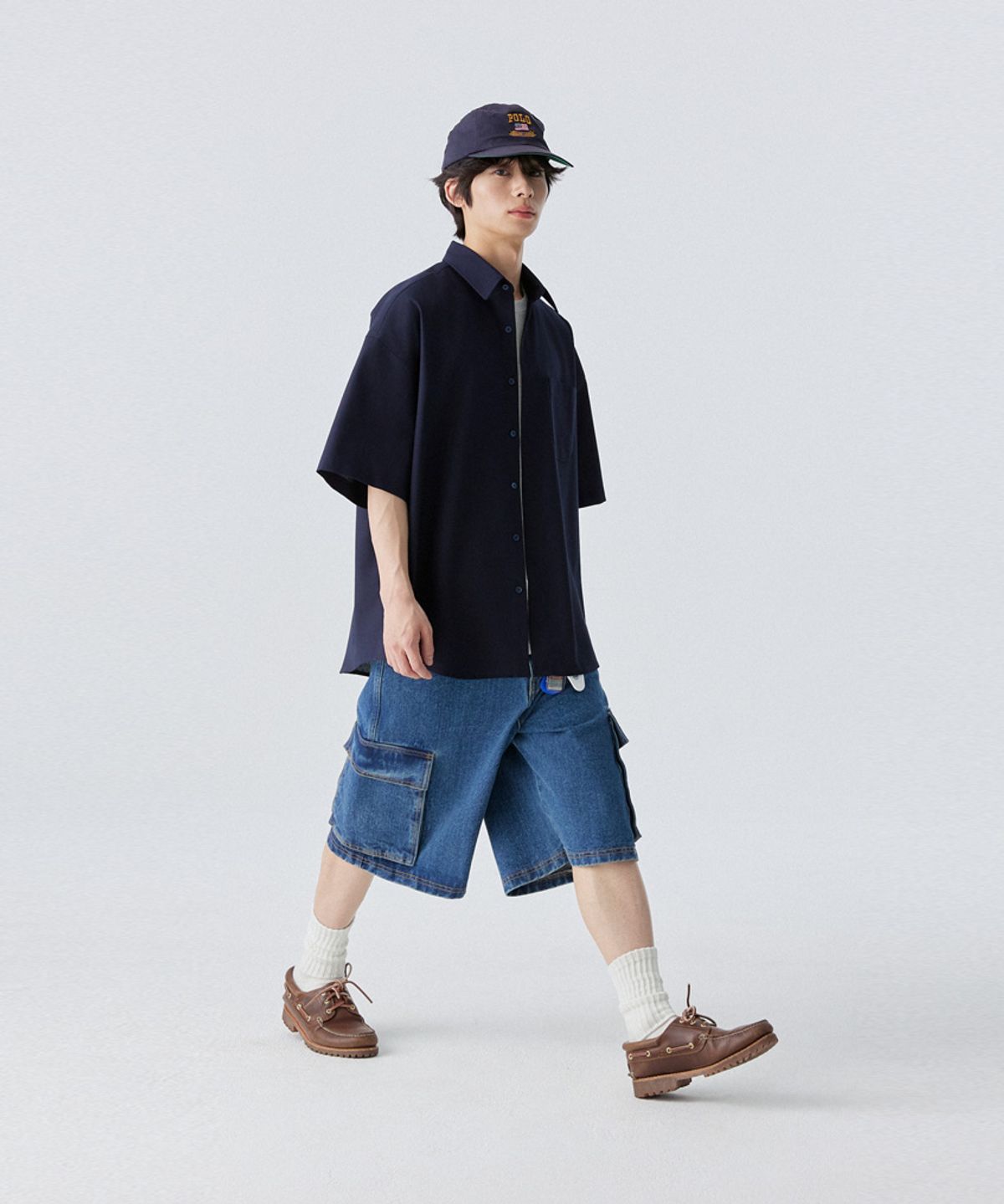 스탠즈(STENDS) [M~4XL] 올데이 린넨 오버핏 반팔 셔츠_네이비